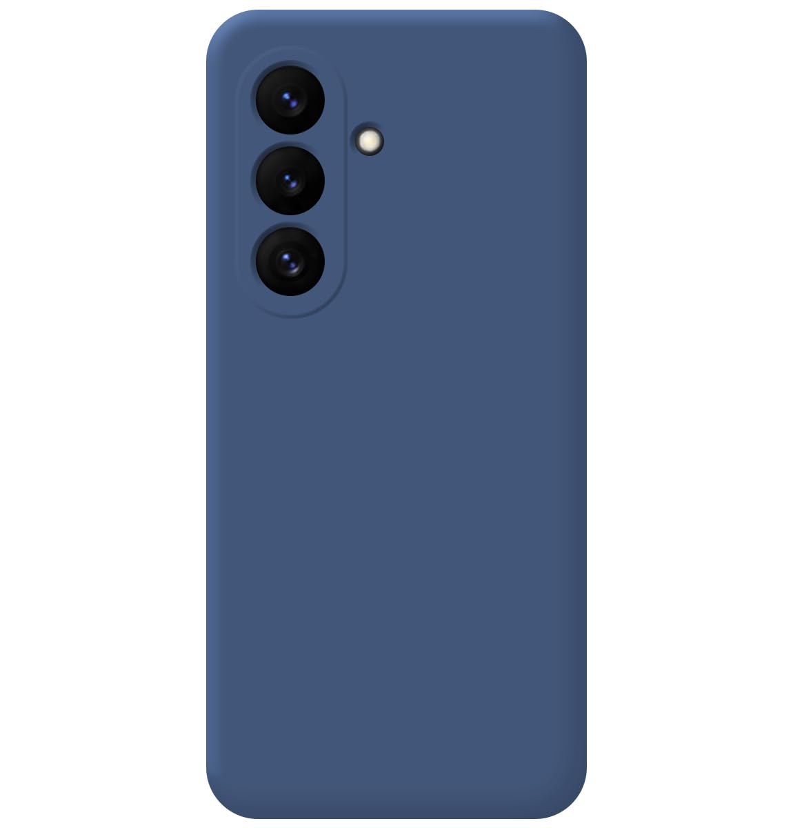 Una funda de teléfono azul con tres lentes de cámara y un flash.