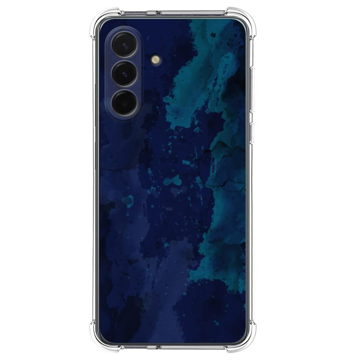 Funda transparente con un patrón de acuarela azul oscuro y verde azulado.
