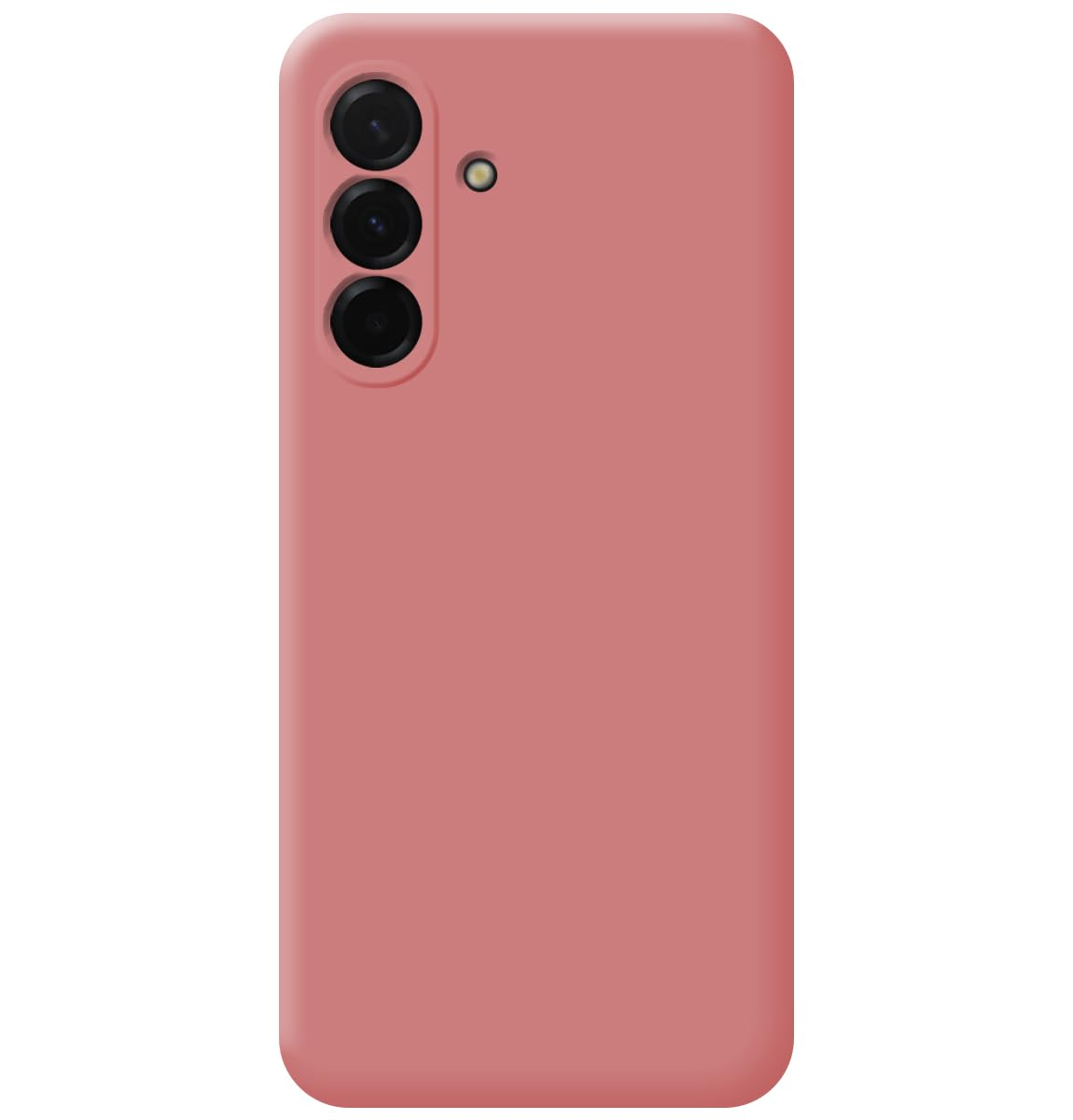 Parte trasera de una funda de teléfono rosa polvoriento con tres cámaras y flash.