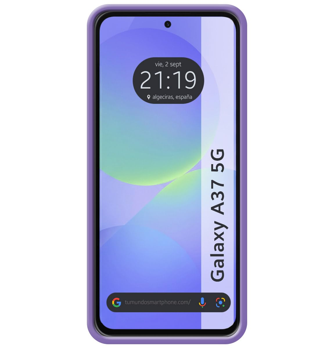 Un smartphone morado muestra las 21:19, Algeciras, España y Galaxy A37 5G.