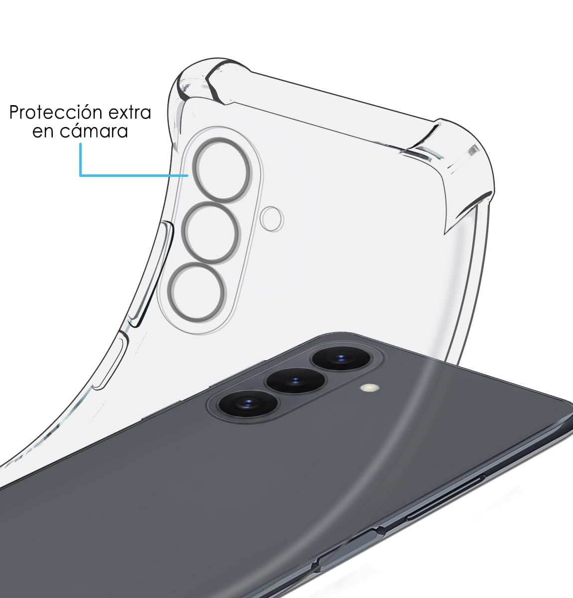 Funda transparente para teléfono con protección extra para cámara sobre un smartphone oscuro.