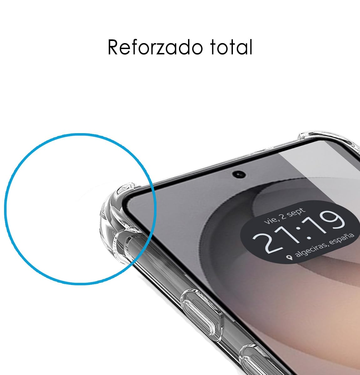 Funda transparente para teléfono con esquinas reforzadas, muestra las 21:19.