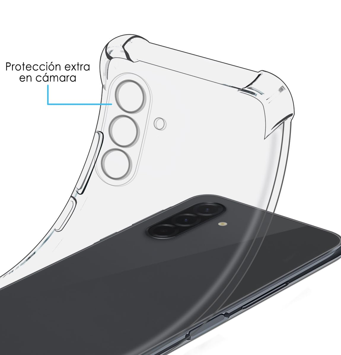 Funda transparente protege tres cámaras y el smartphone negro.