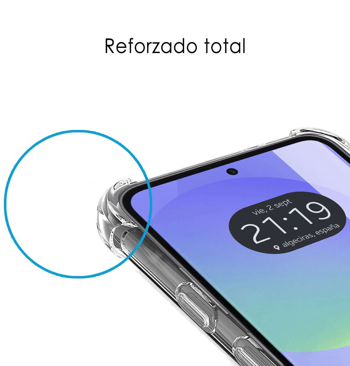 Una funda transparente protege un smartphone mostrando las 21:19.