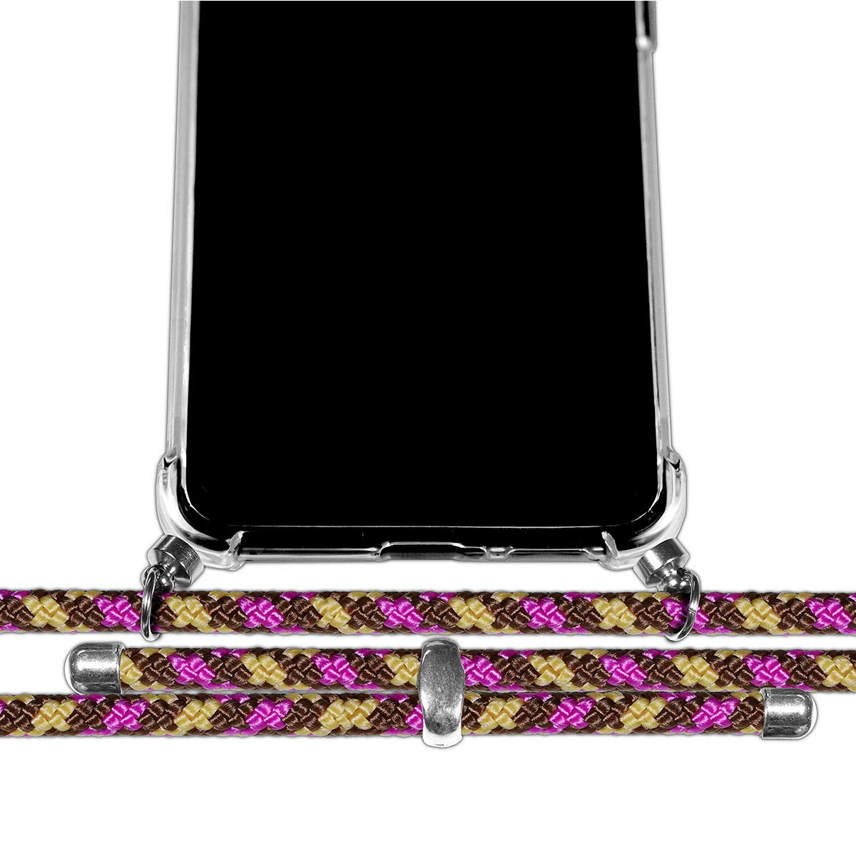 Una funda transparente para teléfono con dos cordones trenzados en morado y marrón.