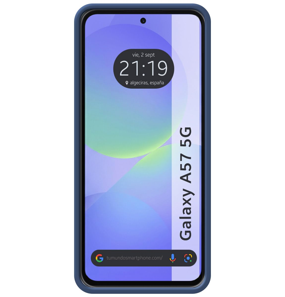 Un smartphone con funda azul muestra las 21:19 y Algeciras, España.