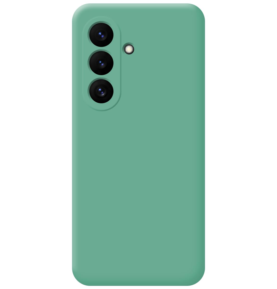 Funda de teléfono verde azulado con tres lentes y un flash.