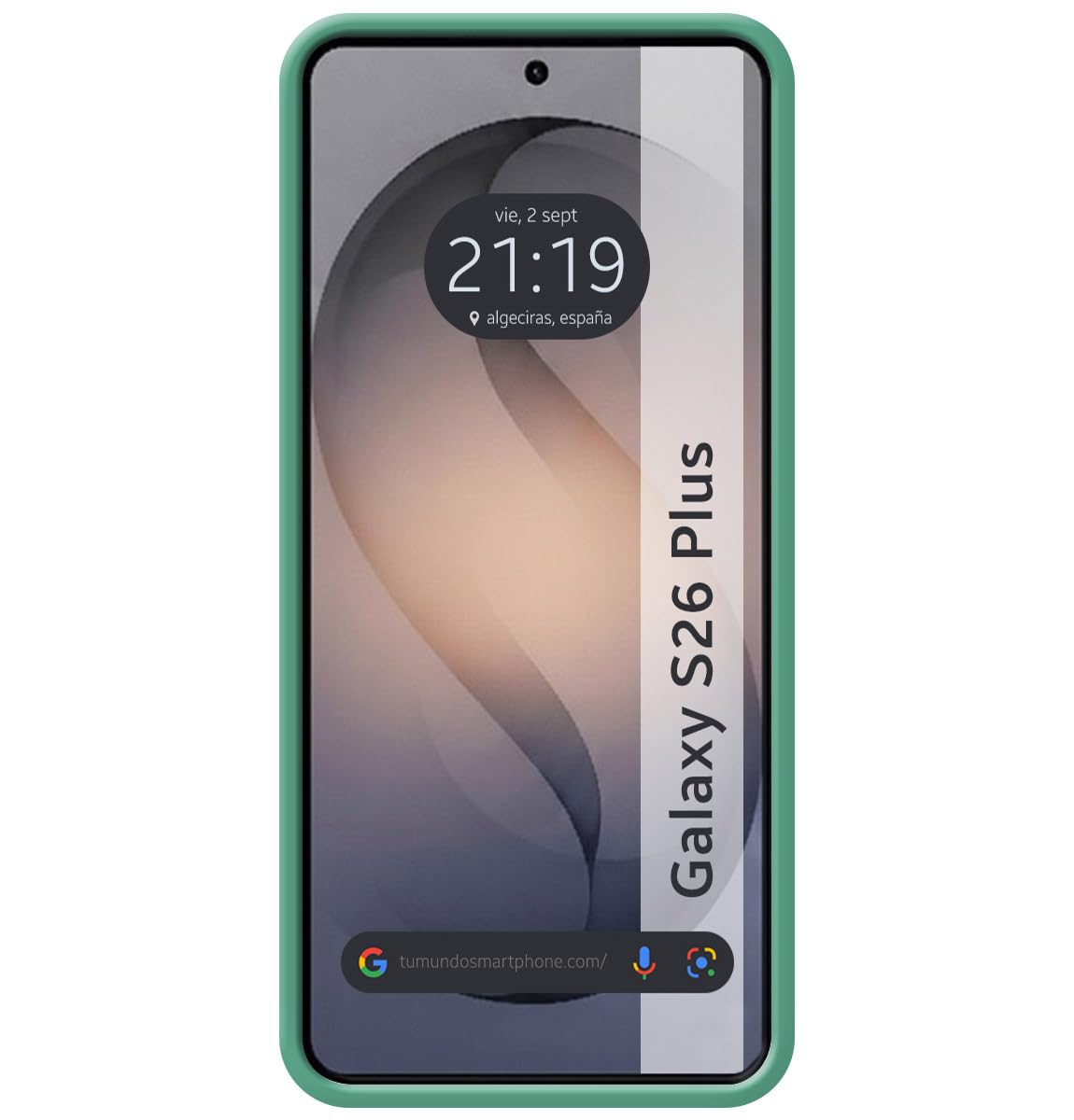Un smartphone con carcasa verde muestra las 21:19 y Algeciras, España.