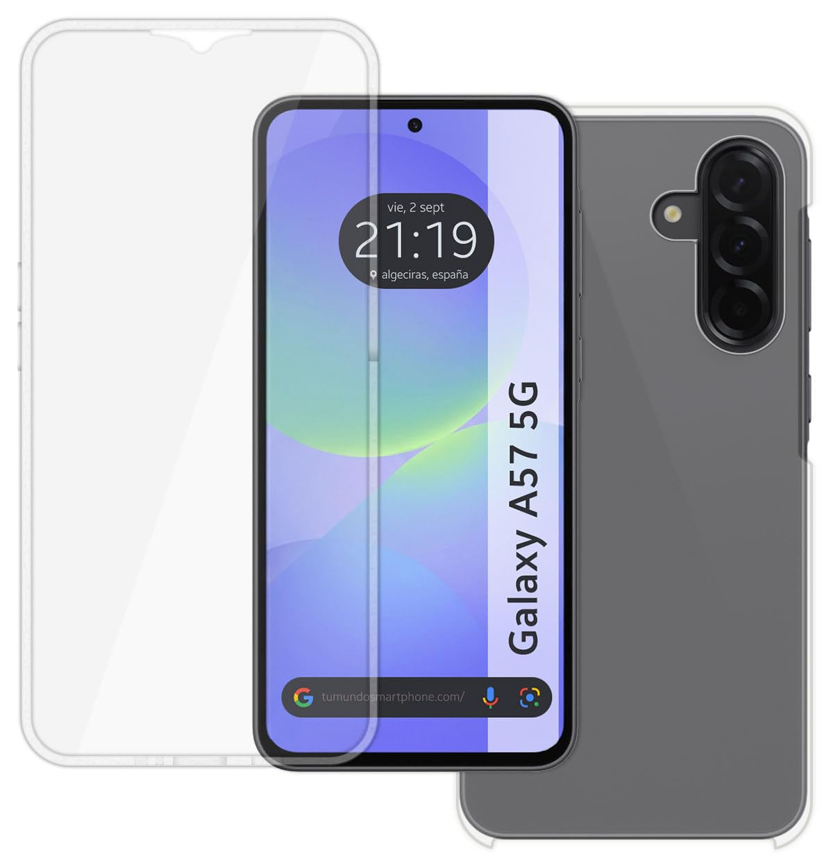 Un smartphone con protector de pantalla y funda, mostrando hora y fecha.