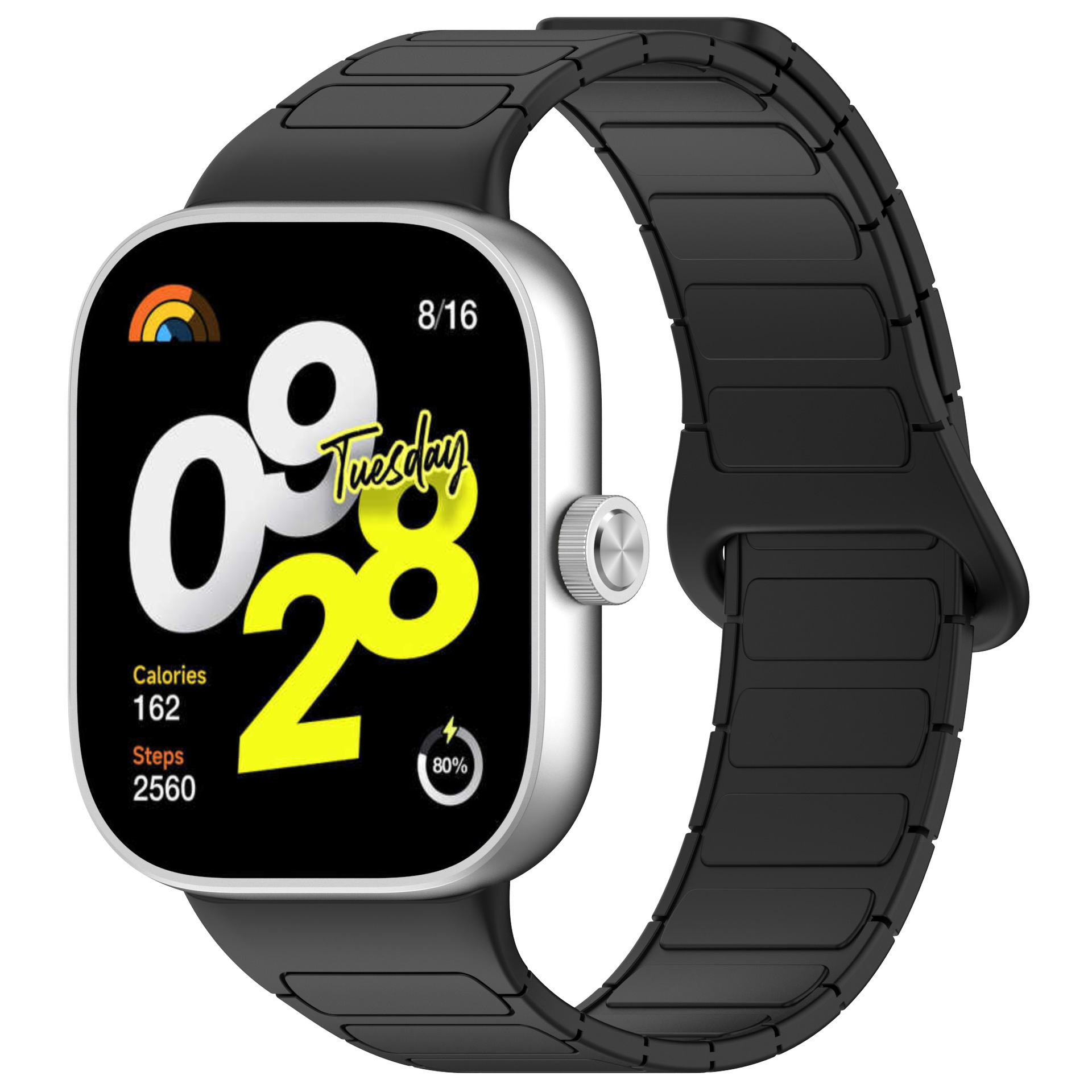 Uno smartwatch con cassa argentata e cinturino nero mostra 8:16, martedì, 162 calorie, 2560 passi.