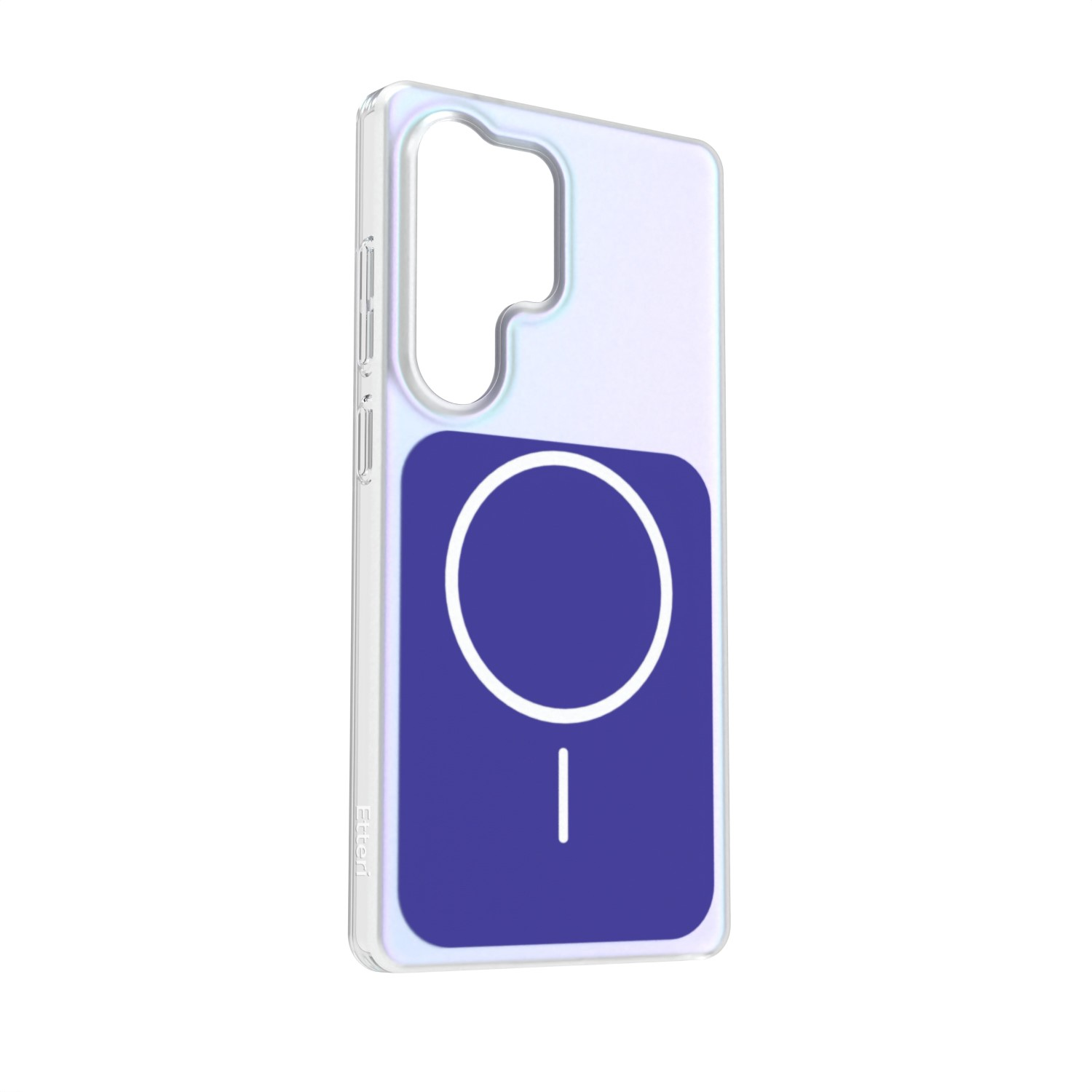 Custodia trasparente con simbolo MagSafe blu scuro.