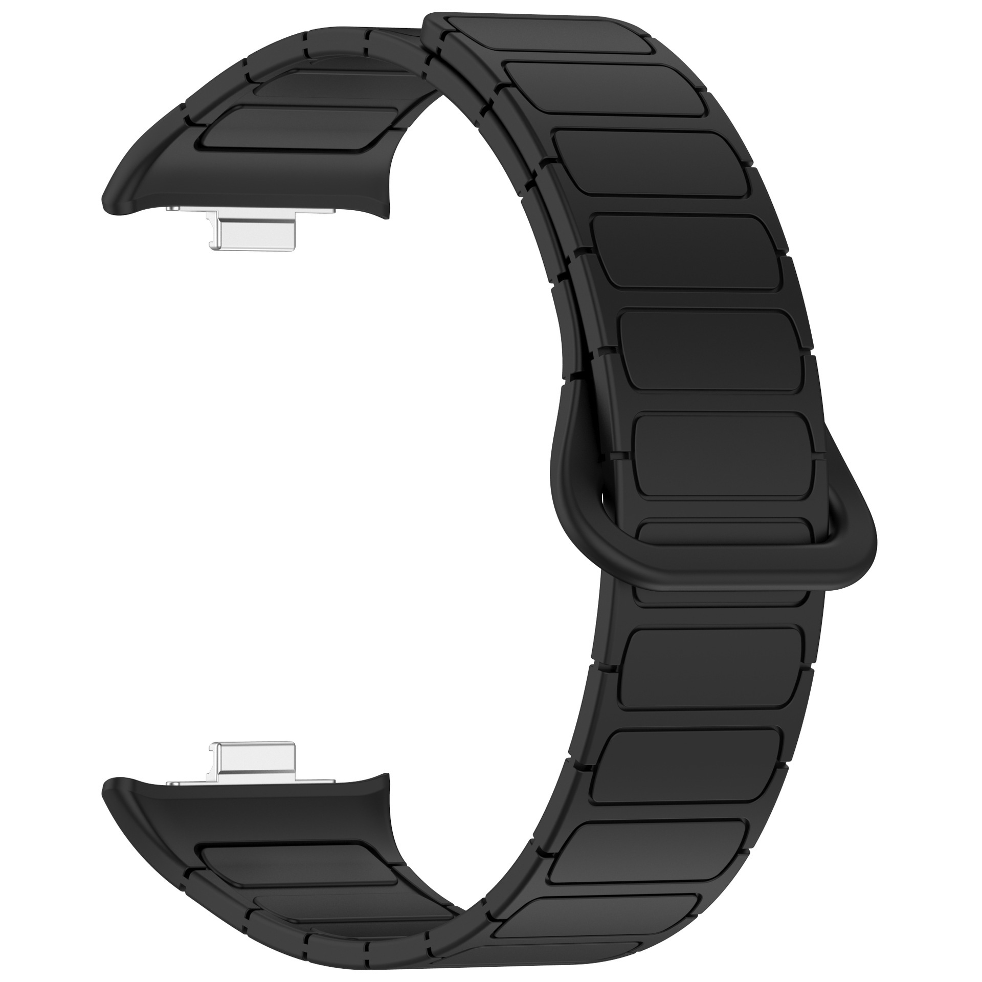 Un cinturino per orologio nero segmentato con chiusura in metallo, su sfondo bianco.