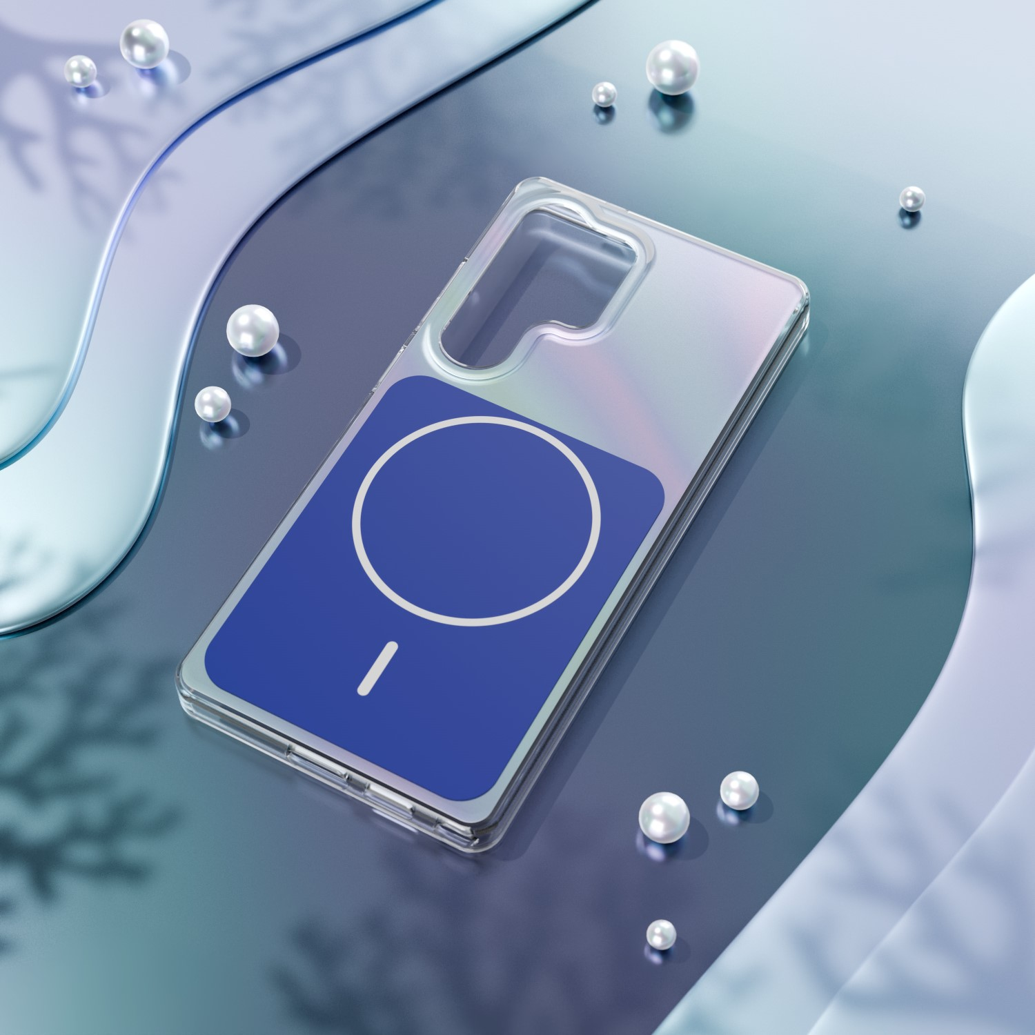 Una custodia trasparente per telefono con design a cerchio e linea blu su superficie riflettente.