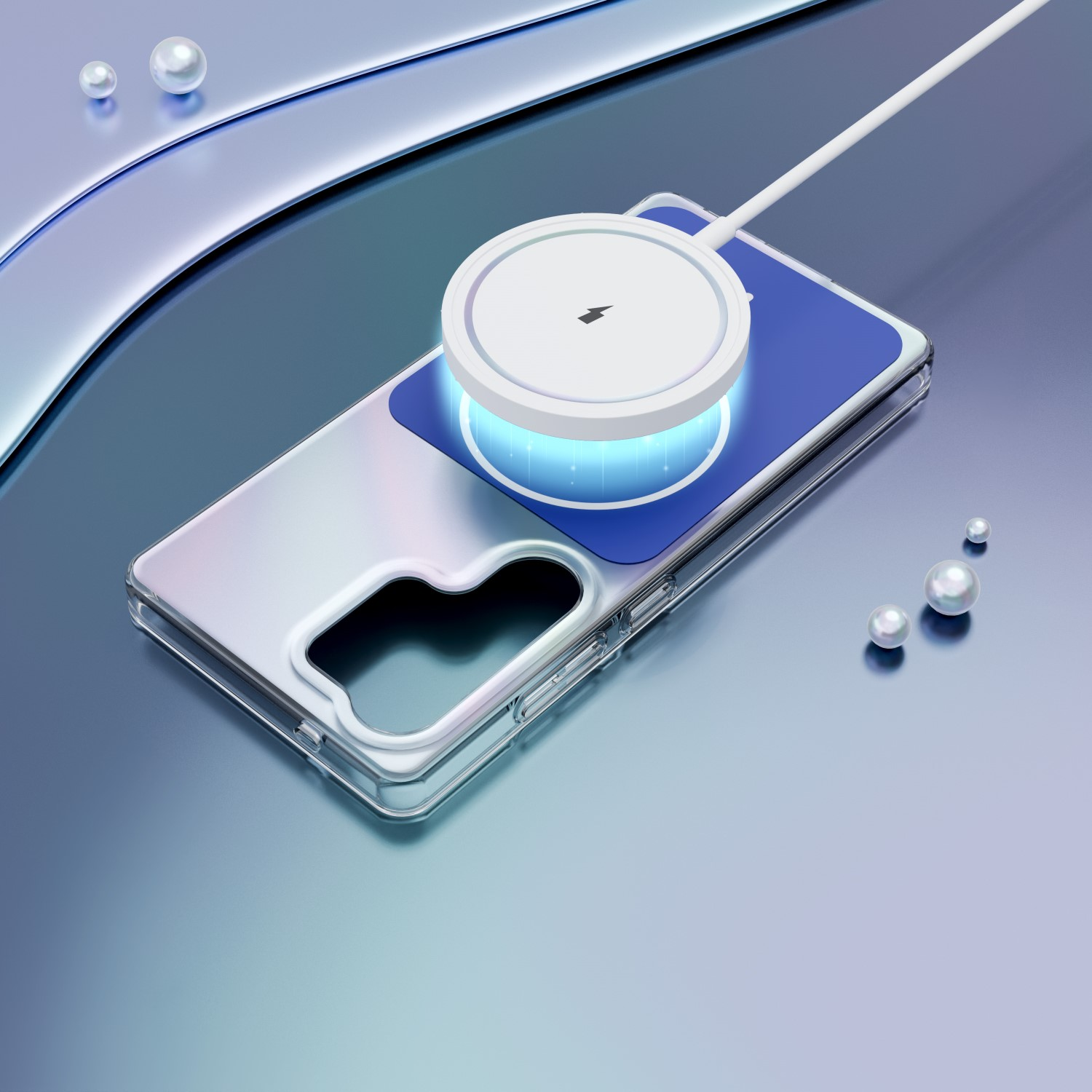 Un caricabatterie wireless bianco con luce blu su una custodia trasparente per telefono.