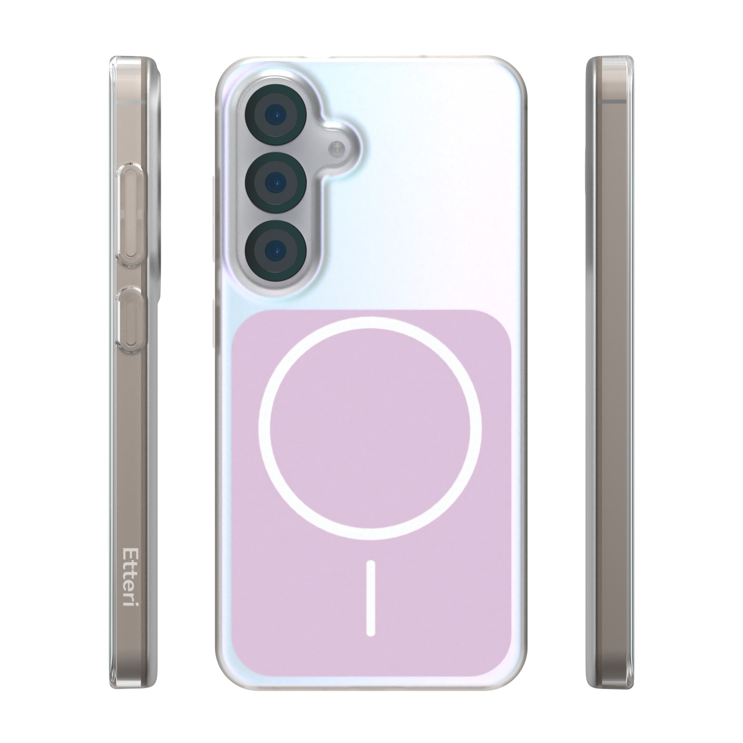 Una custodia trasparente per telefono con tre fotocamere e un cerchio viola sul retro.