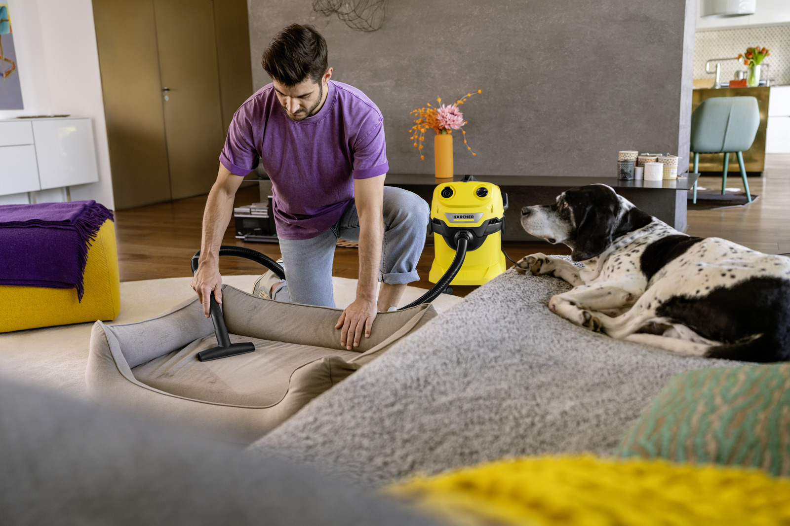 Mann saugt Hundebett, gelber Staubsauger und Hund liegen daneben.