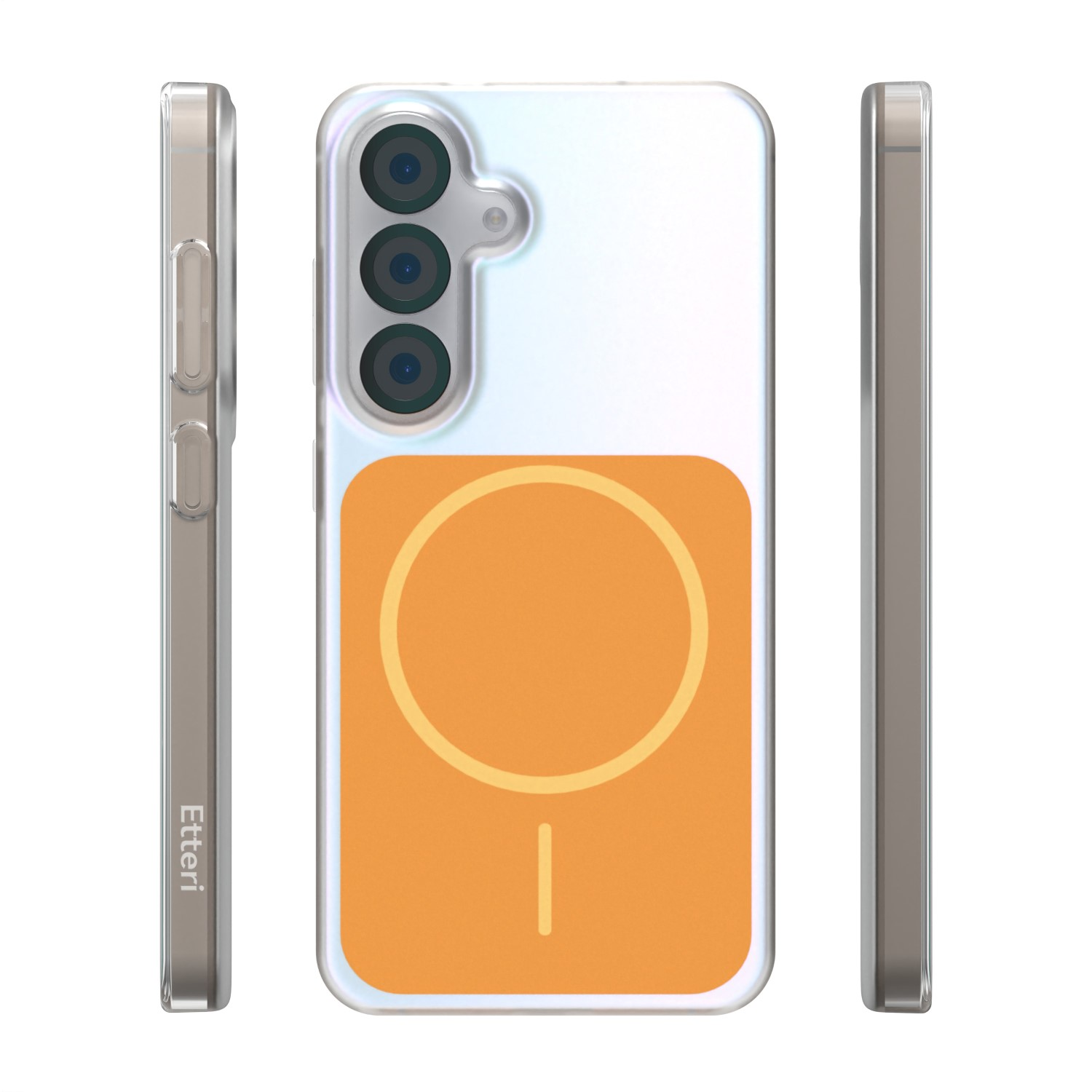 Custodia trasparente per telefono con tre fotocamere e cerchio arancione.