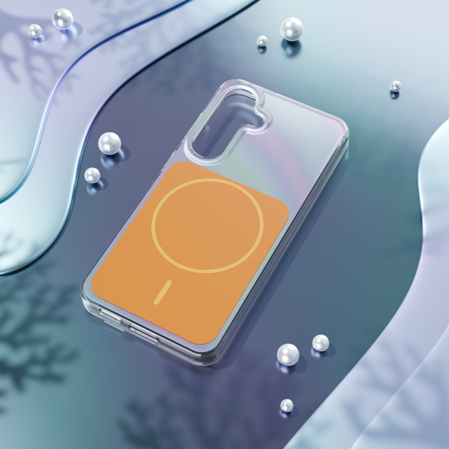 Custodia trasparente per telefono con cerchio arancione su sfondo scuro, perle.