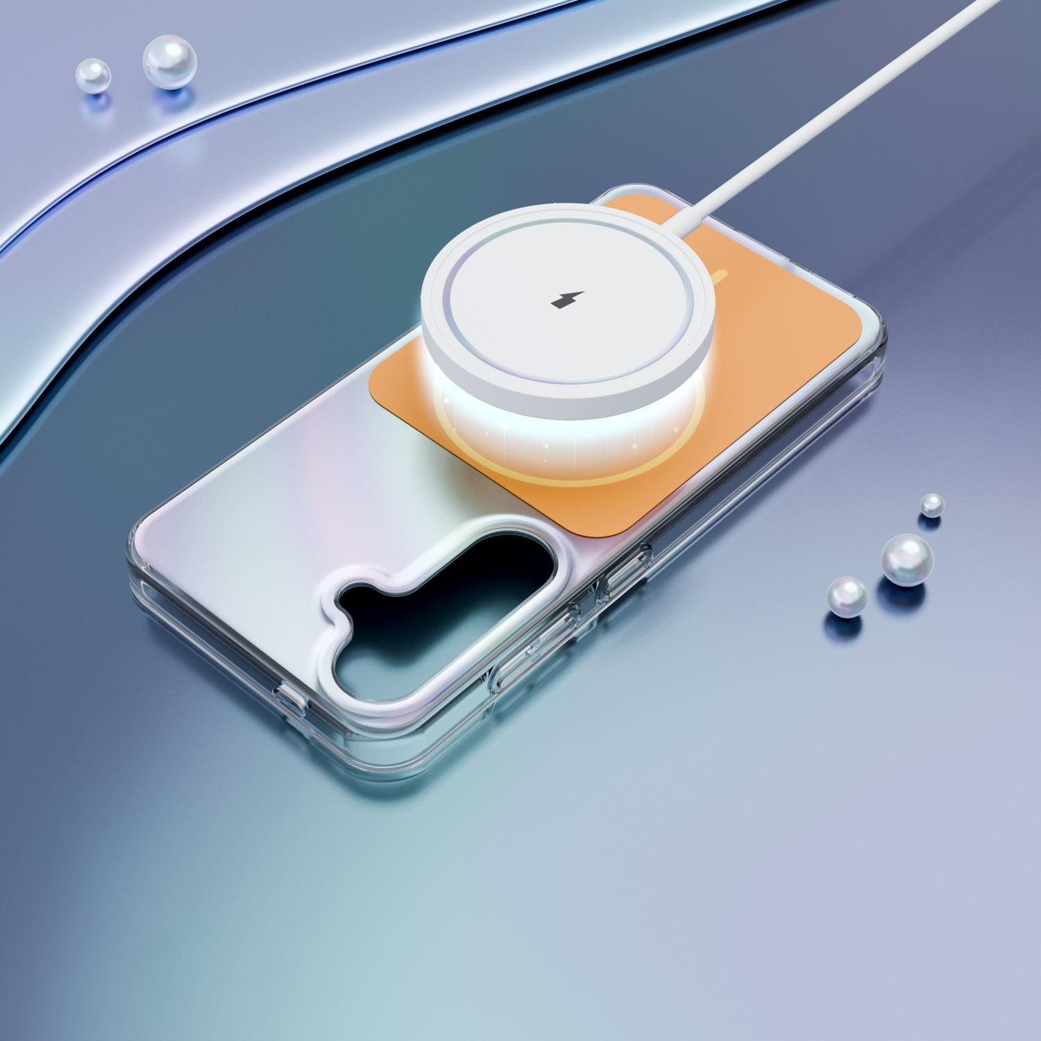 Un caricabatterie wireless bianco su una custodia trasparente per telefono, che illumina un pannello posteriore arancione.