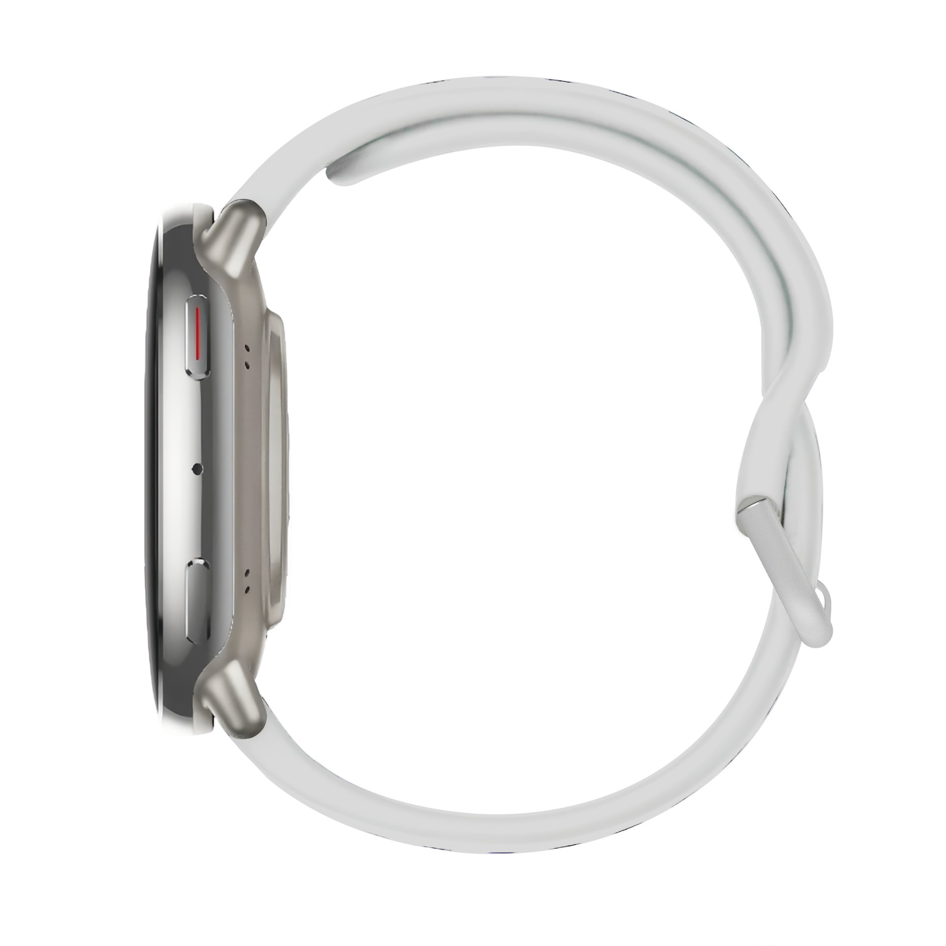 Silberne Smartwatch mit weißem Armband, Seitenansicht.