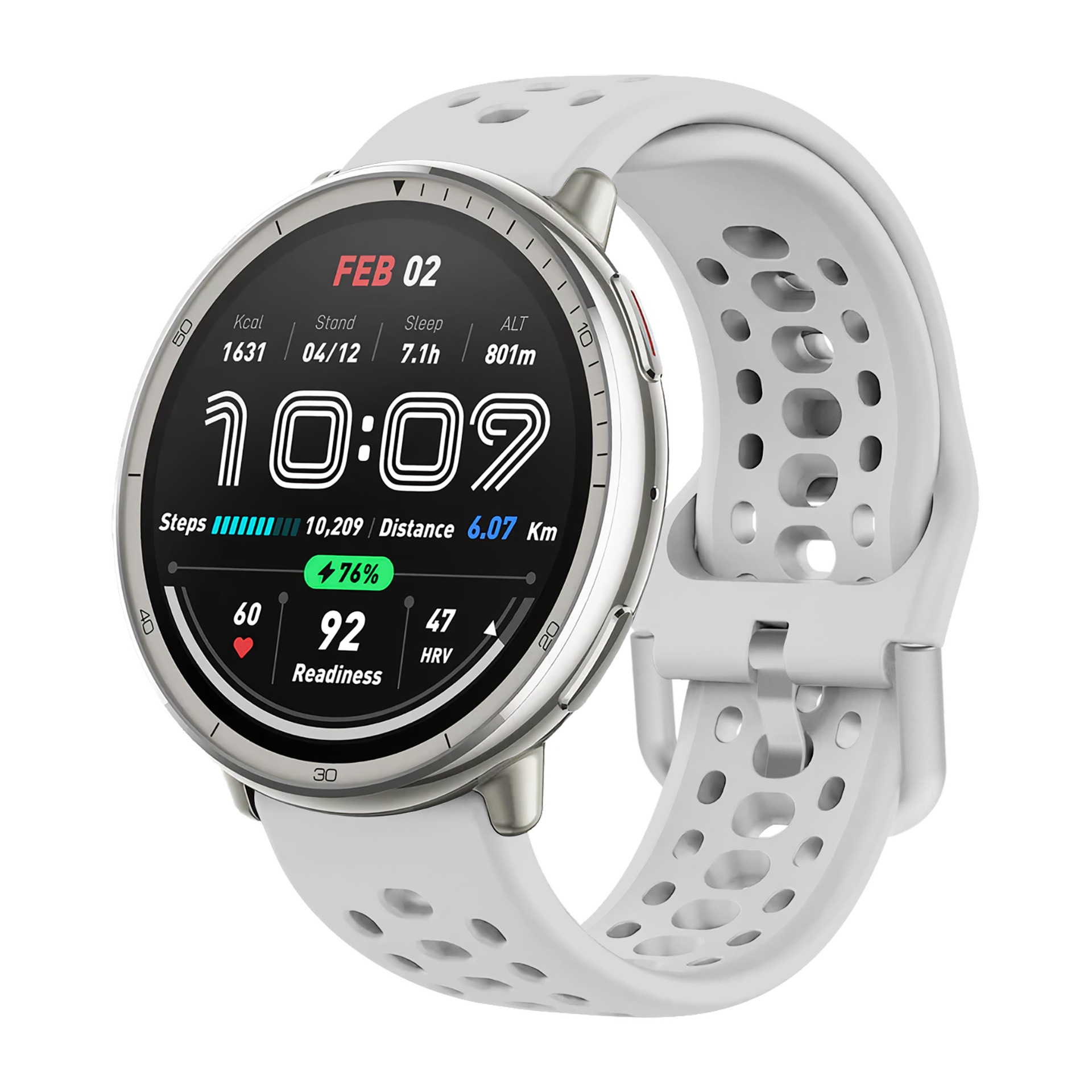 Eine weiße Smartwatch mit silbernem Gehäuse und einem digitalen Zifferblatt.