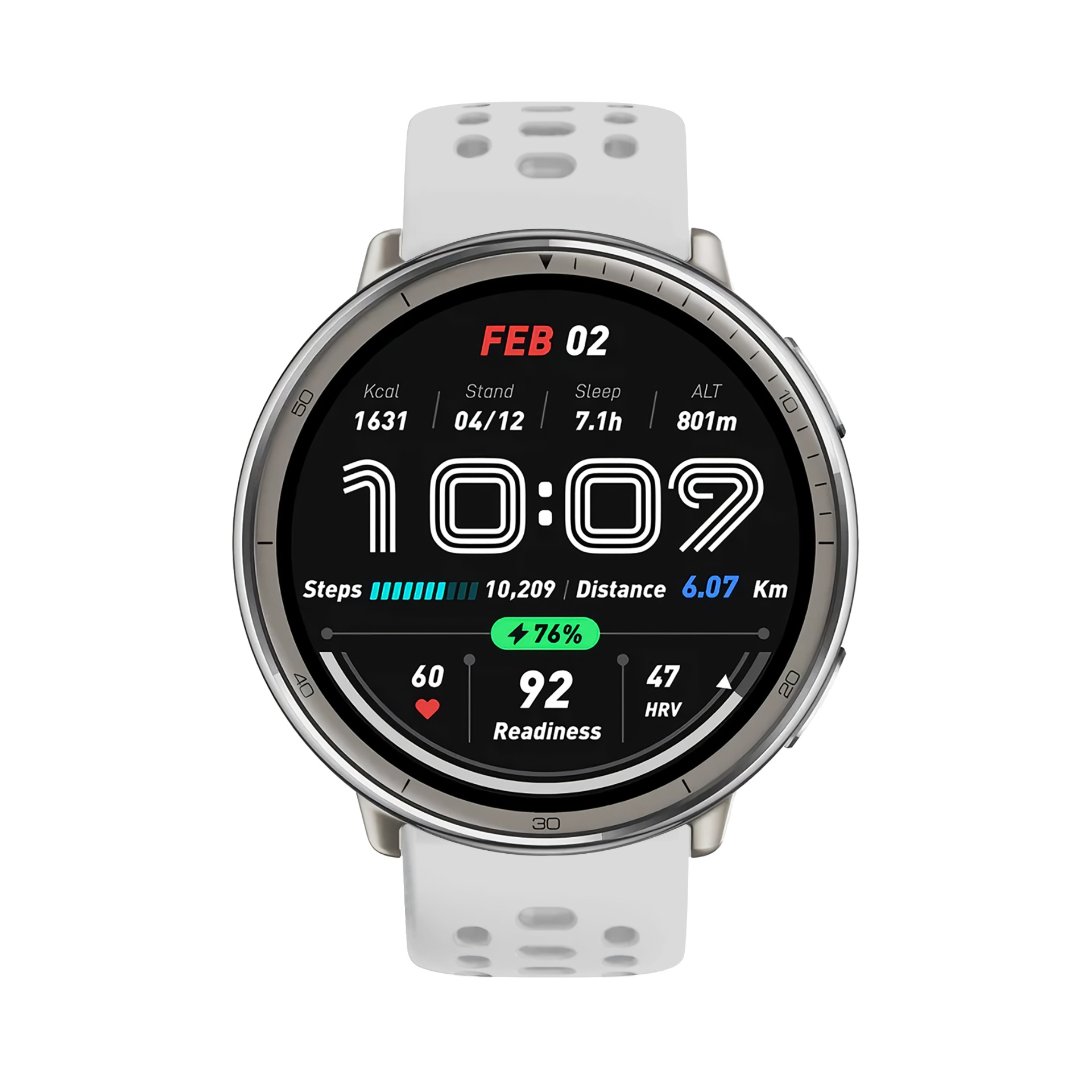 Eine weiße Smartwatch zeigt Zeit, Datum und Gesundheitsdaten an.