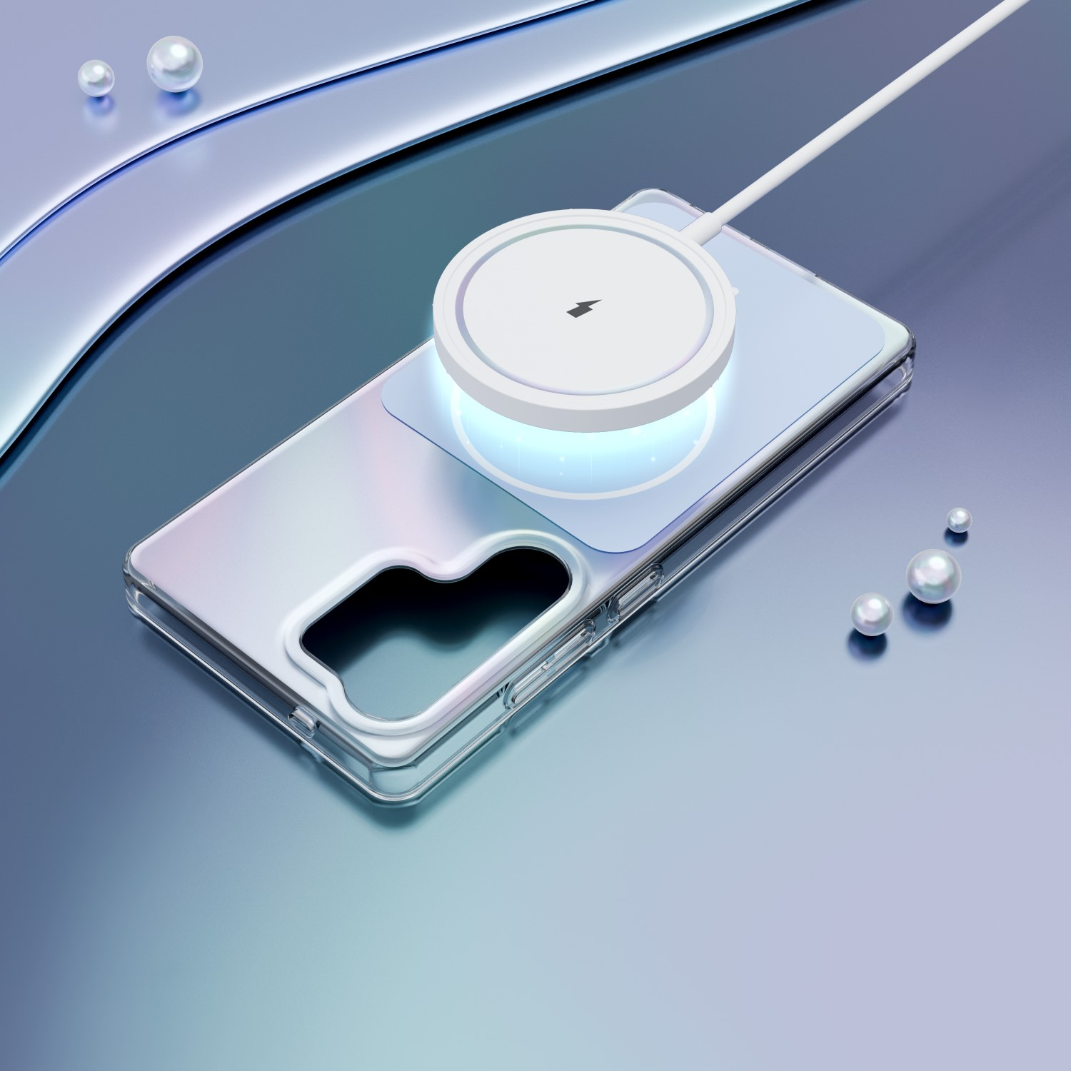 Custodia trasparente per telefono con caricabatterie wireless bianco su sfondo sfumato blu.