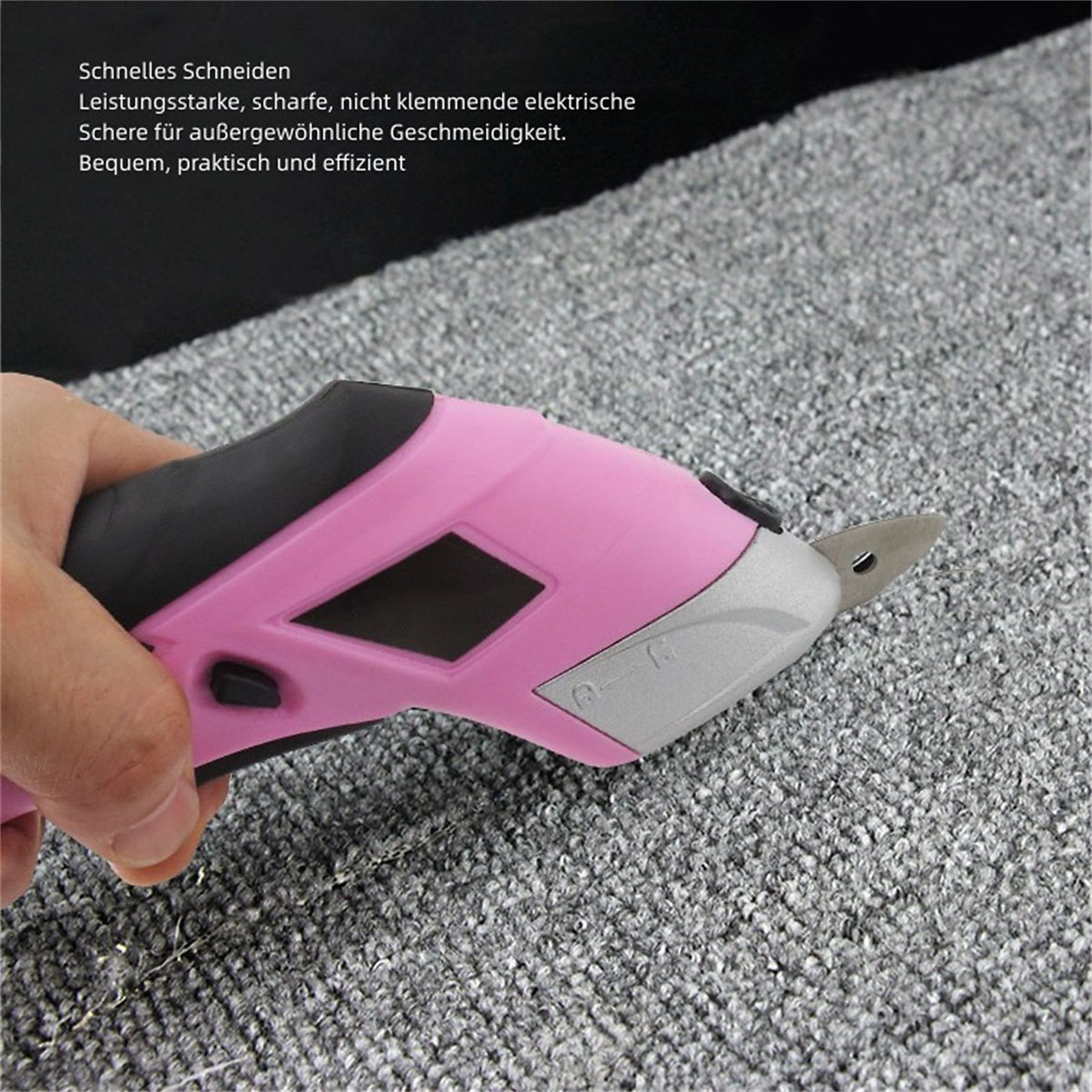 Eine pinke elektrische Schere mit schwarzem Griff schneidet grauen Teppich.