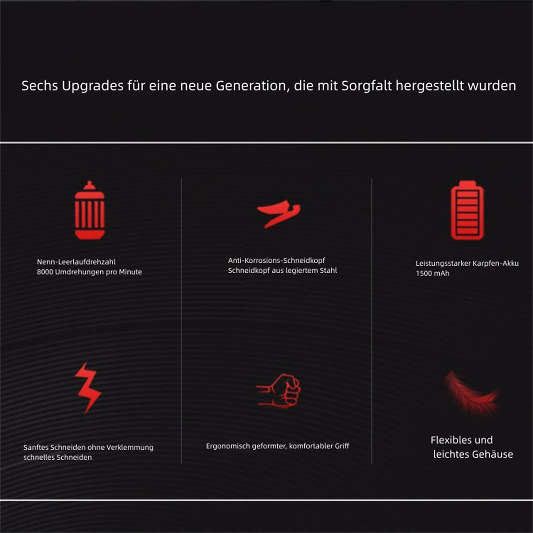 Sechs Upgrades für eine neue Generation mit Icons: Drehzahl, Schneidkopf, Akku, sanftes Schneiden, Griff, Gehäuse.
