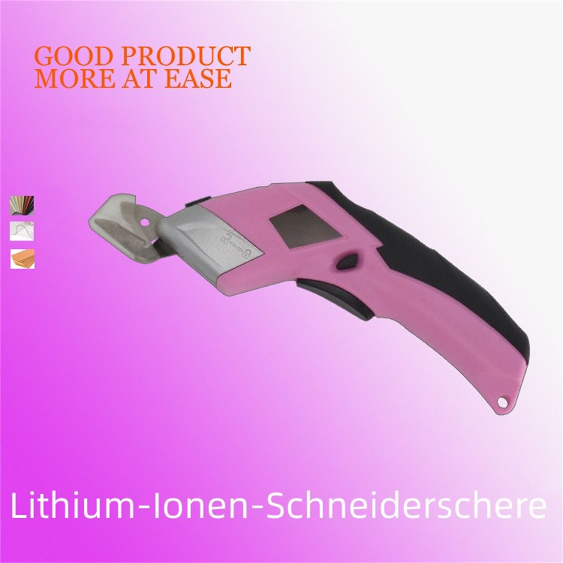 Eine pinke und graue Schere mit schwarzem Griff liegt auf einem pinken Hintergrund.