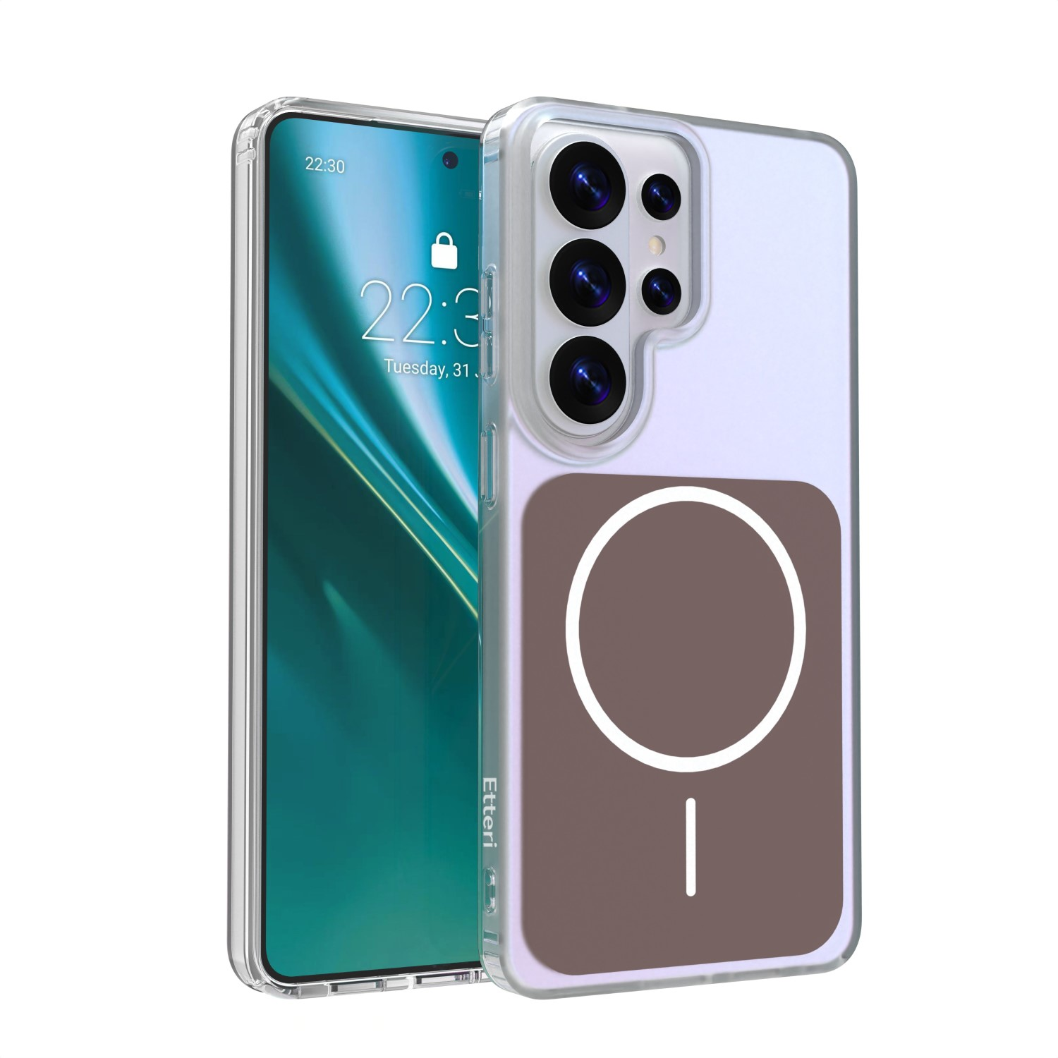 Przezroczyste etui na telefon z pierścieniem magnetycznym i symbolem linii.