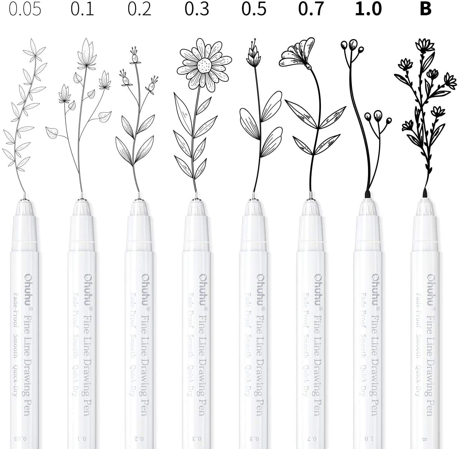 Zeichnung von Stiften mit Blumenentwürfen und Maßangaben.