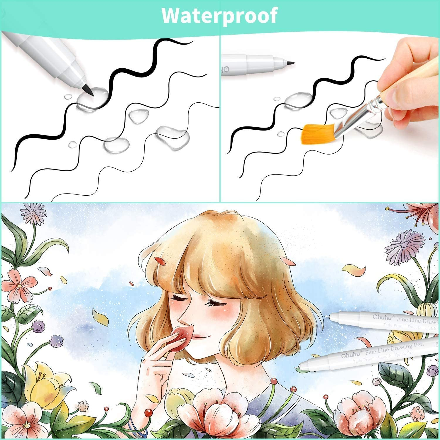 Oben: Wasserdichter Test mit Stiften und Pinsel. Unten: Anime-Mädchen umgeben von Blumen.