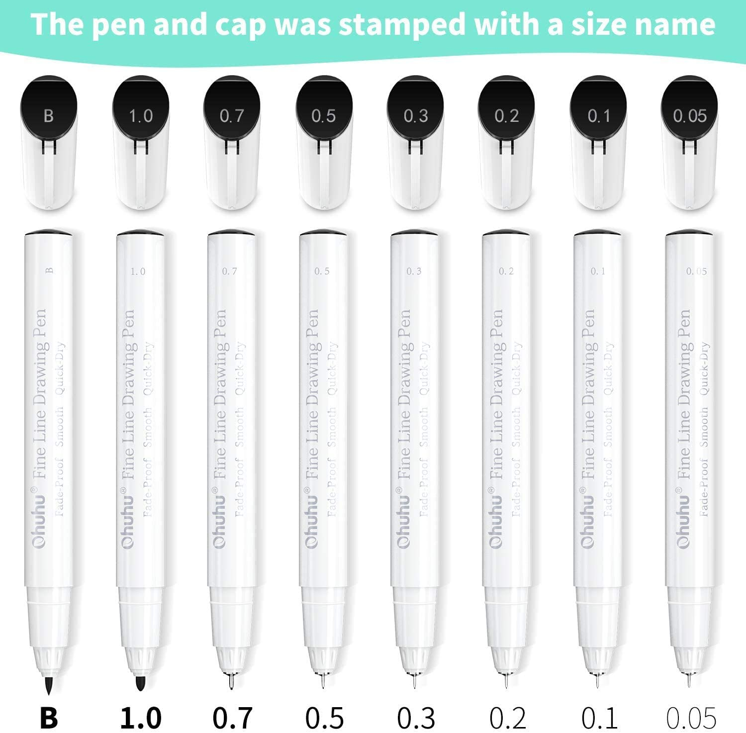 A row of Ohuhu fine liner pens with sizes B, 1.0, 0.7, 0.5, 0.3, 0.2, 0.1, 0.05.