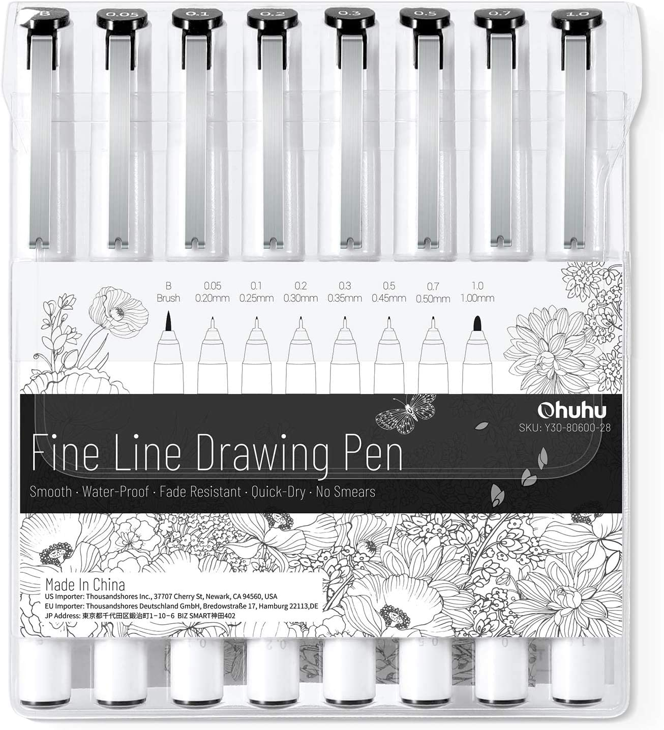 Set mit 8 Zeichenstiften mit unterschiedlichen Spitzen: Pinsel, 0,05-1,0 mm.