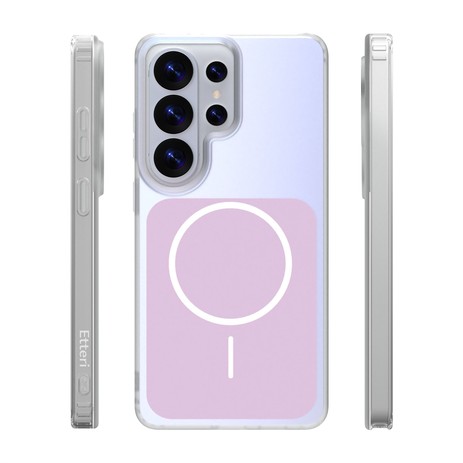 Custodia trasparente per telefono con cerchio MagSafe su sfondo rosa.