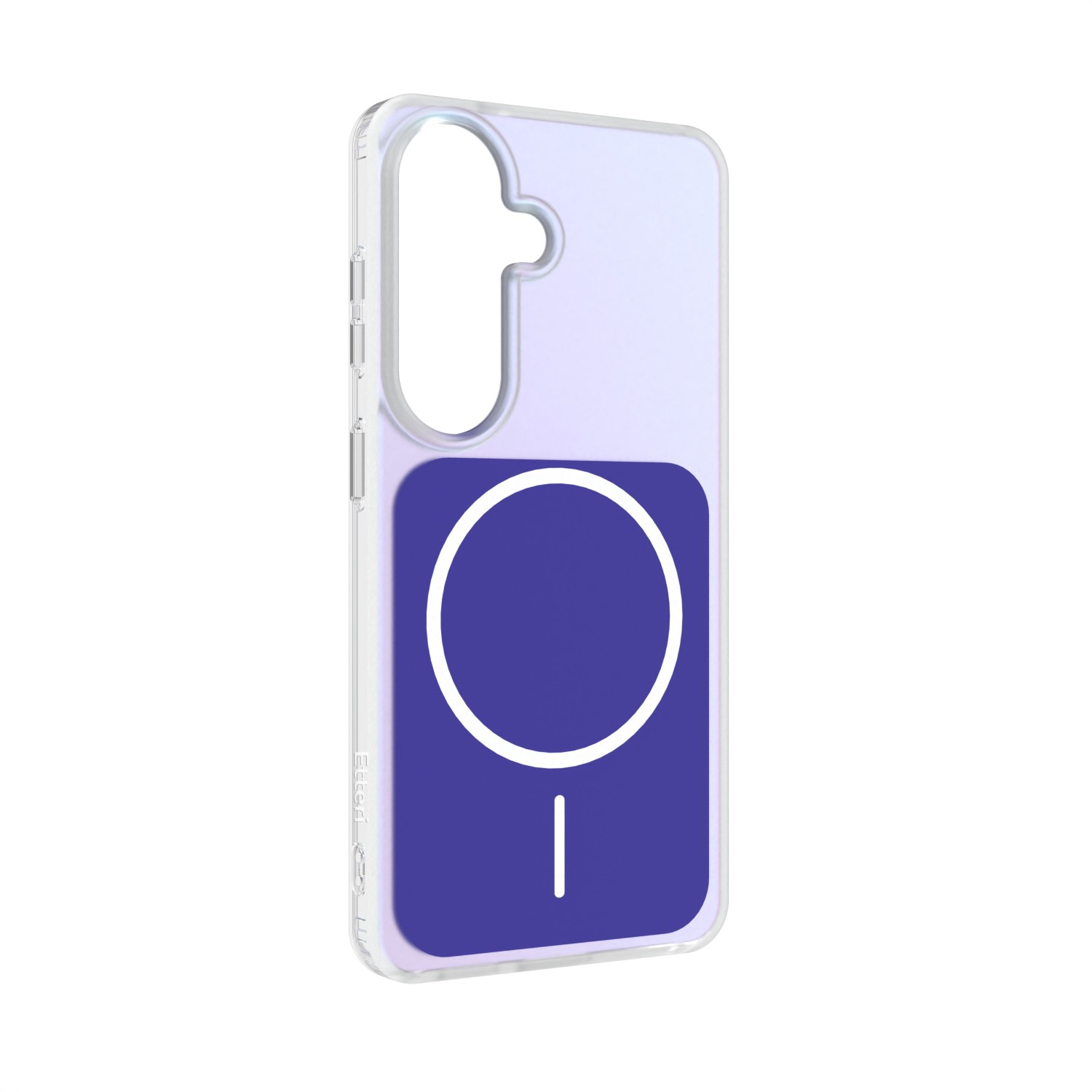 Custodia trasparente per telefono con icona MagSafe viola. Linee bianche.