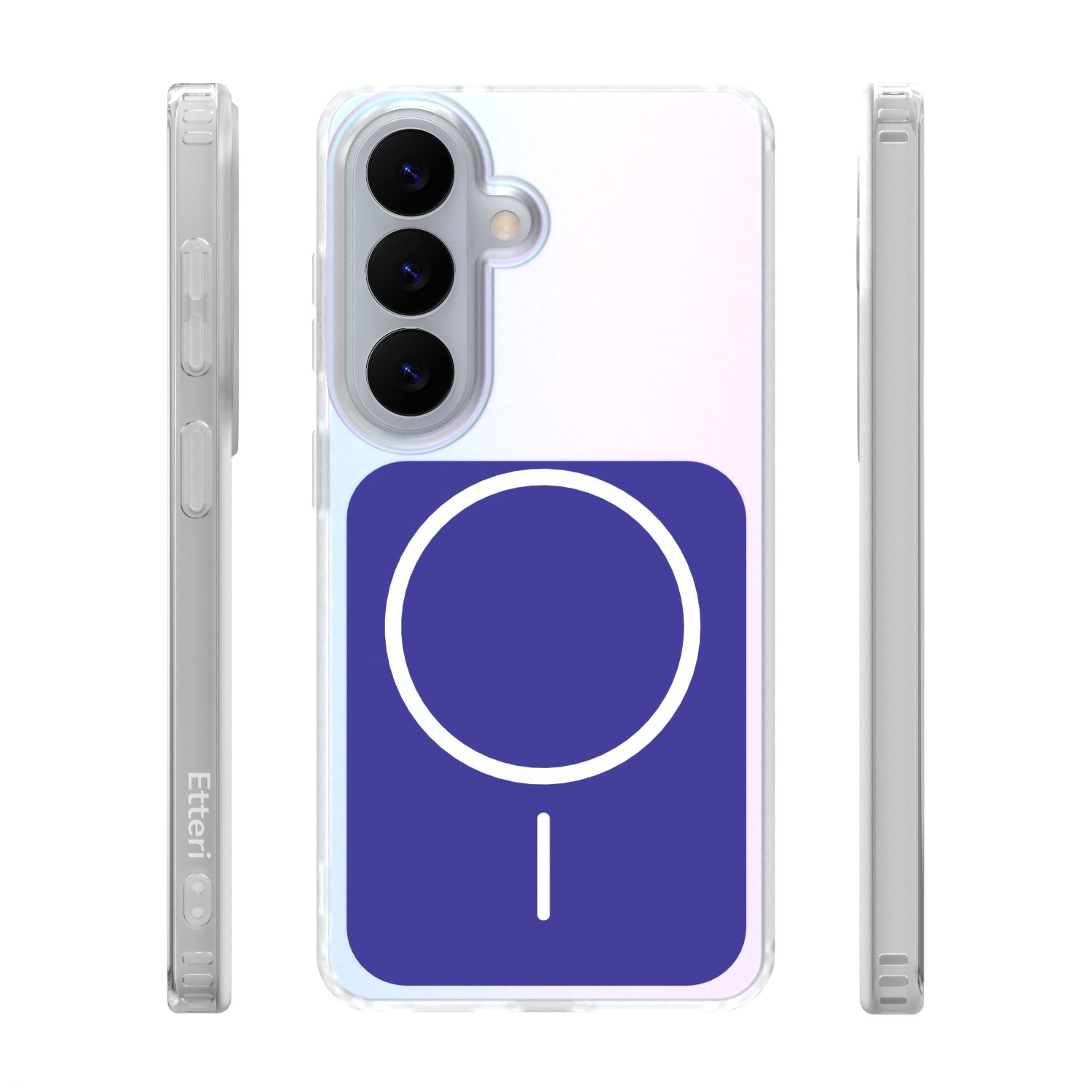 Una cover trasparente per telefono con simbolo blu a cerchio e linea.