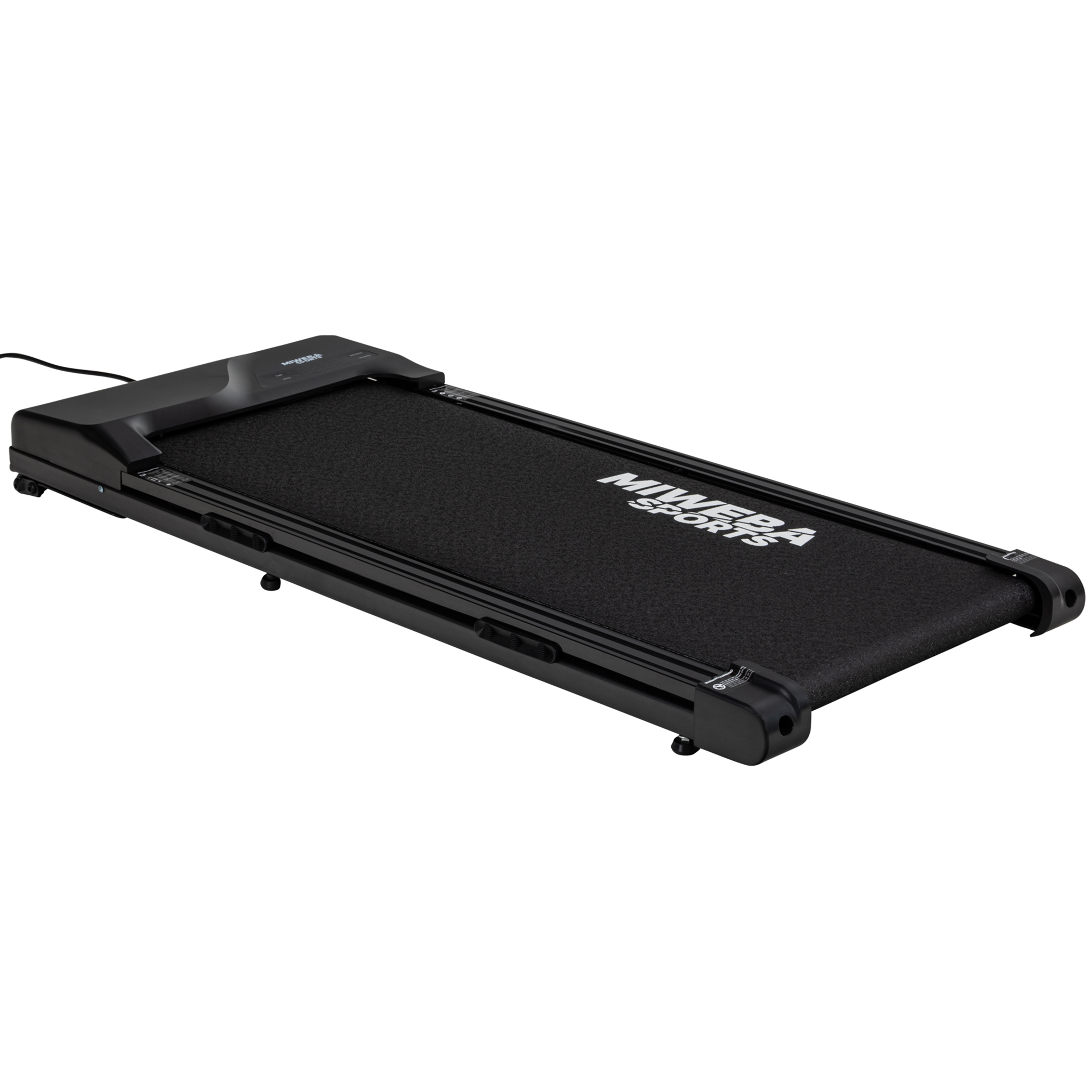 Ein schwarzes Laufband mit silbernem Schriftzug 'MIWEBA SPORTS'.