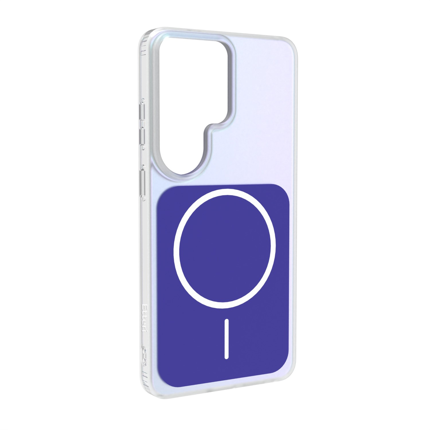 Custodia trasparente per telefono con simbolo MagSafe viola sul retro.