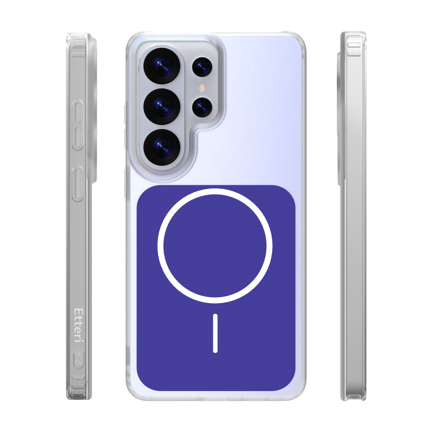 Custodia trasparente per telefono con fotocamere e simbolo MagSafe.