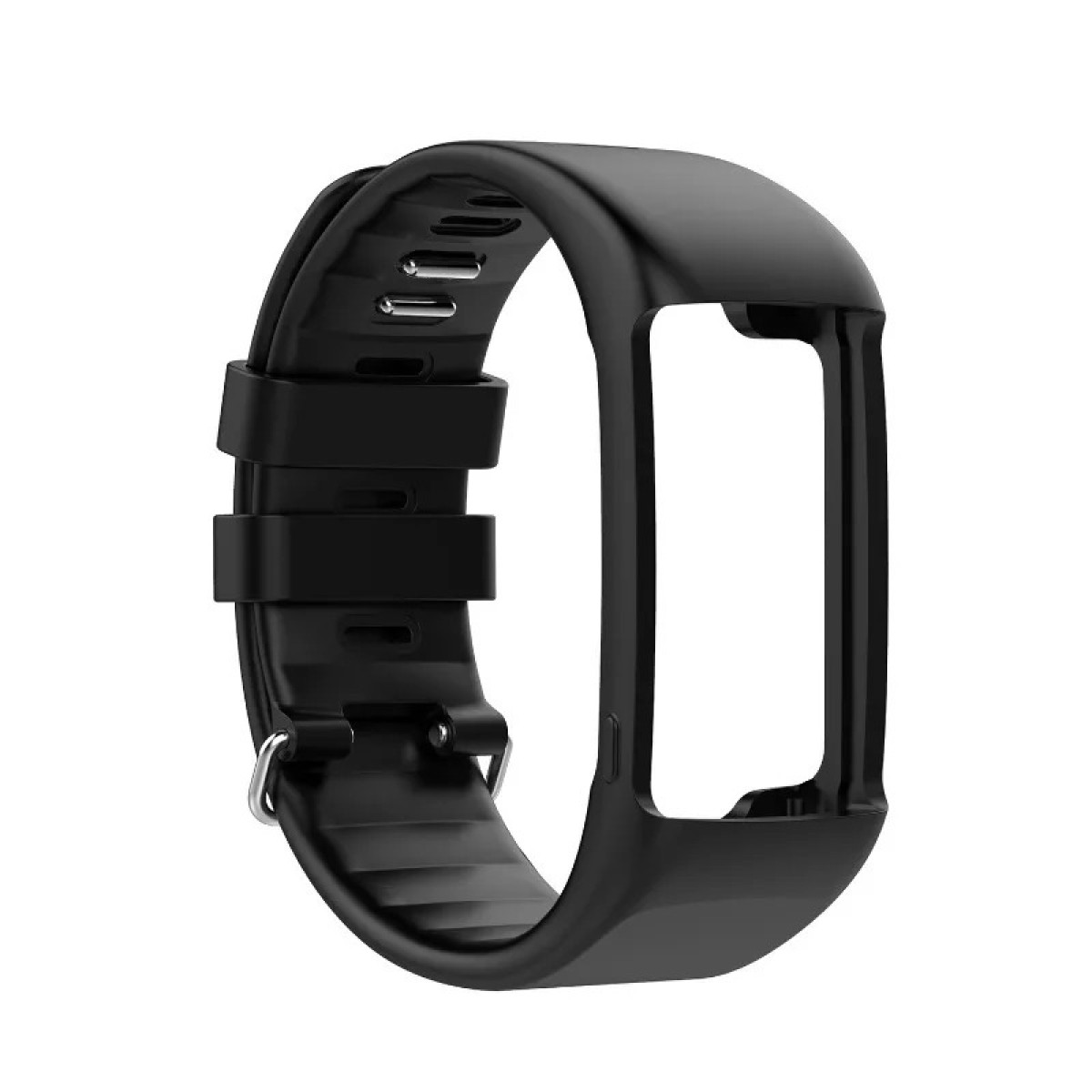 Schwarzes Uhrenarmband mit Metallschnalle, auf weißem Hintergrund.