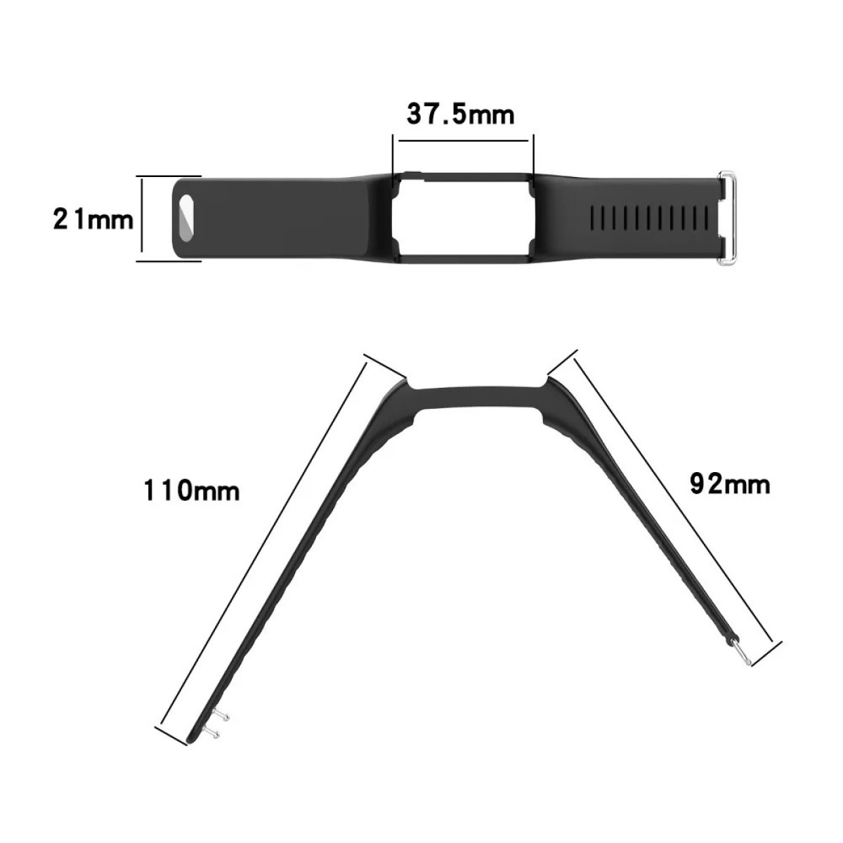 Schwarz Fitbit-Armband mit Maßen: 21mm, 37,5mm, 110mm, 92mm.