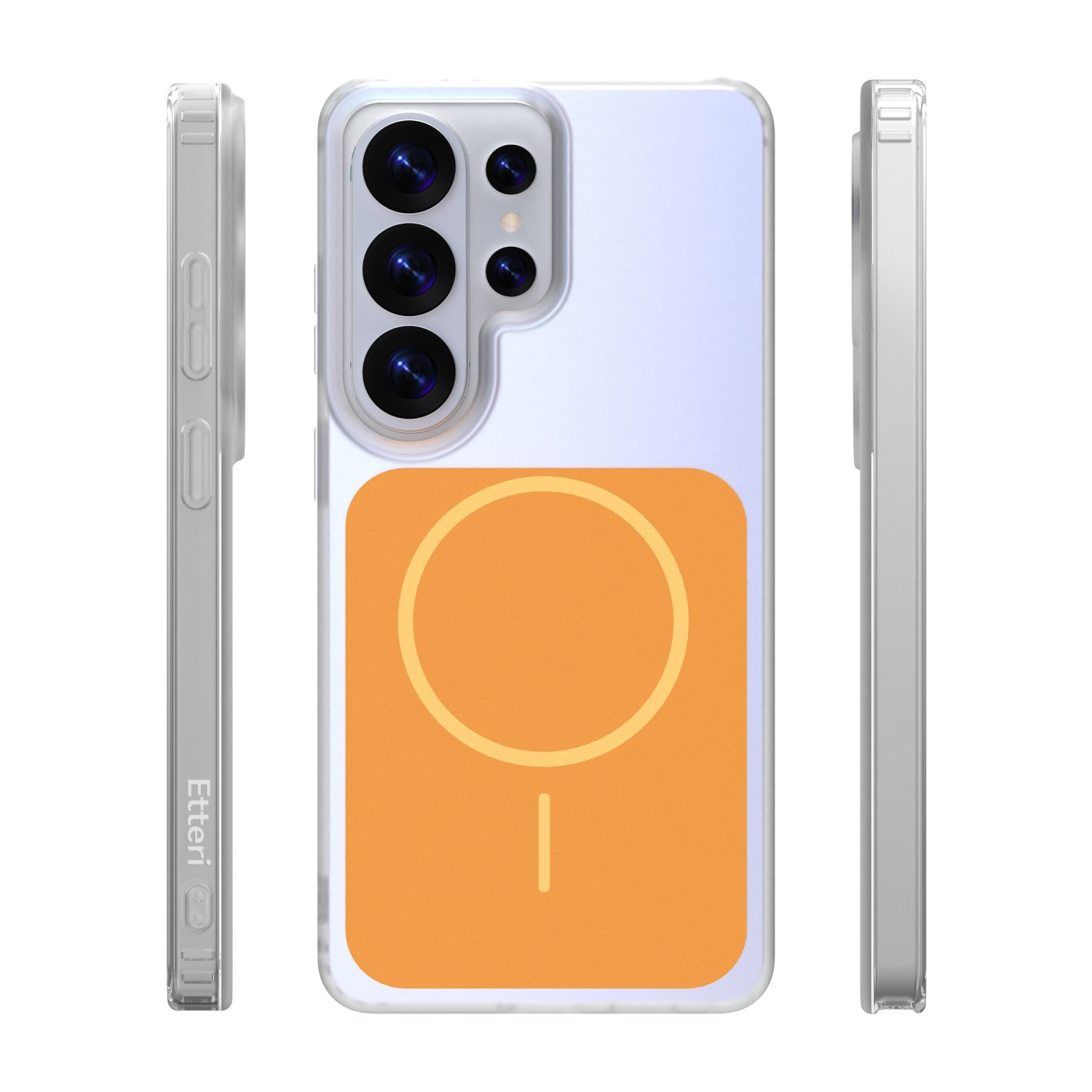 Custodia trasparente per telefono con cerchio arancione.