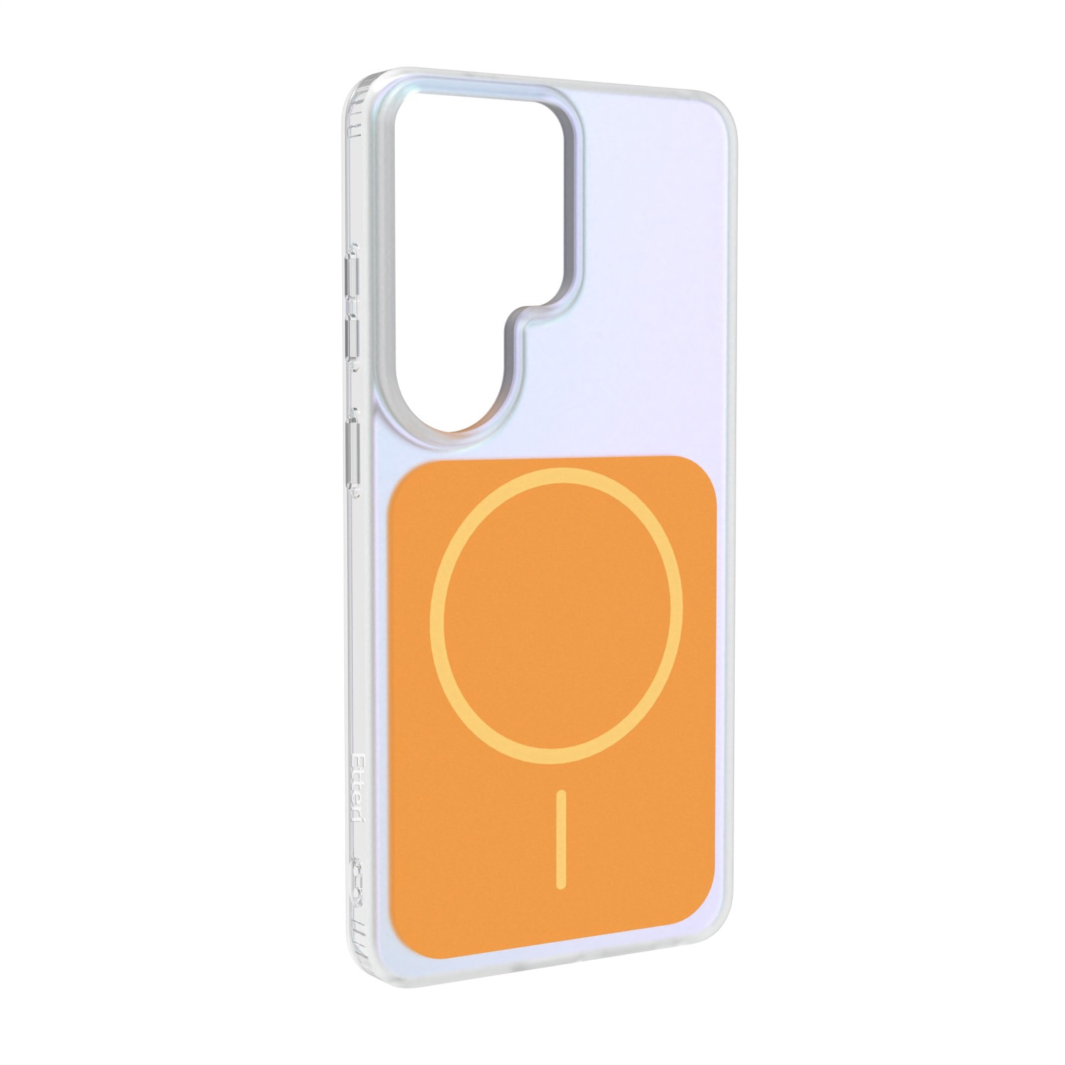 Custodia trasparente per telefono con design a cerchio magnetico arancione e linea sottile.