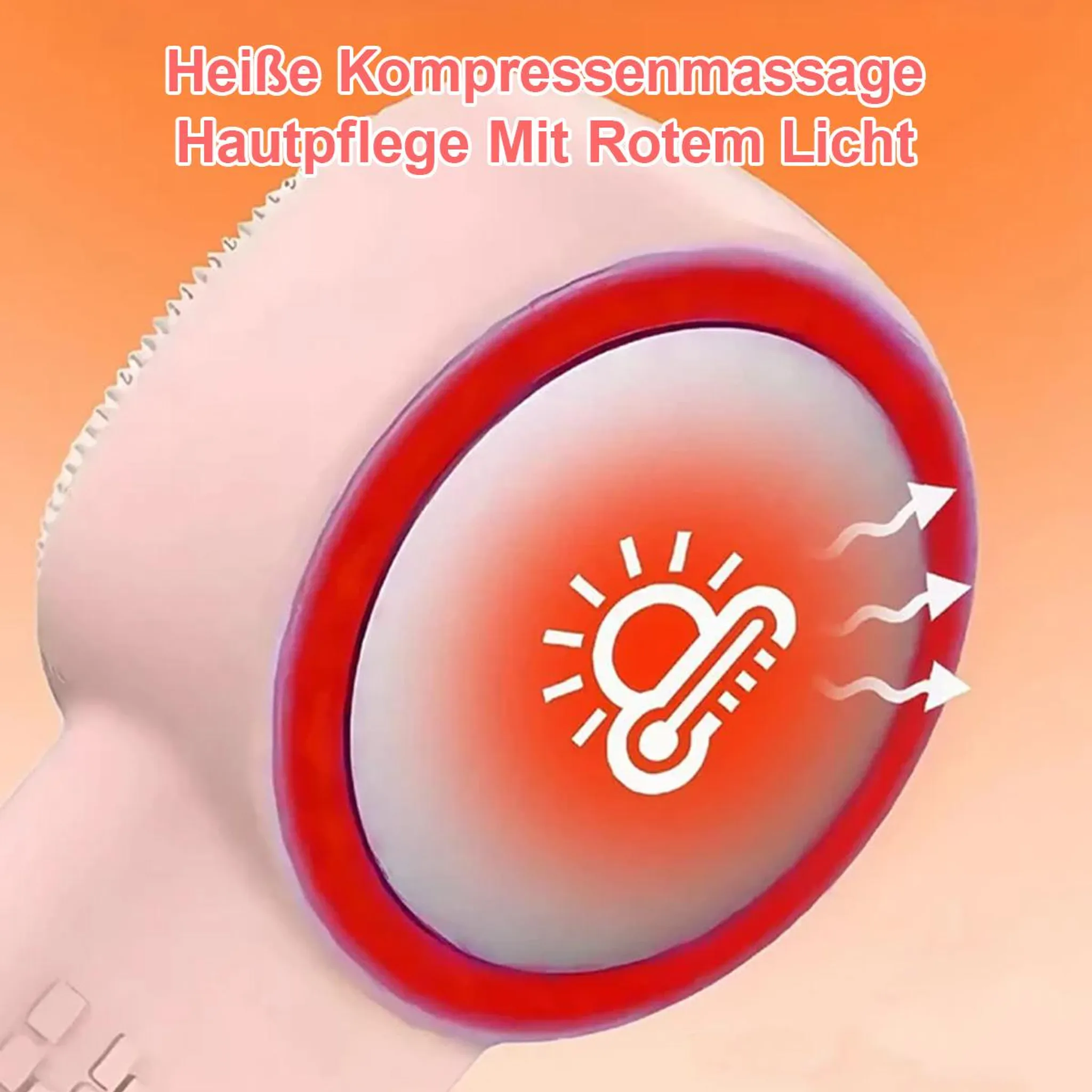 Gerät mit rotem Ring zeigt Thermometer-Symbol und Hitzepfeile.