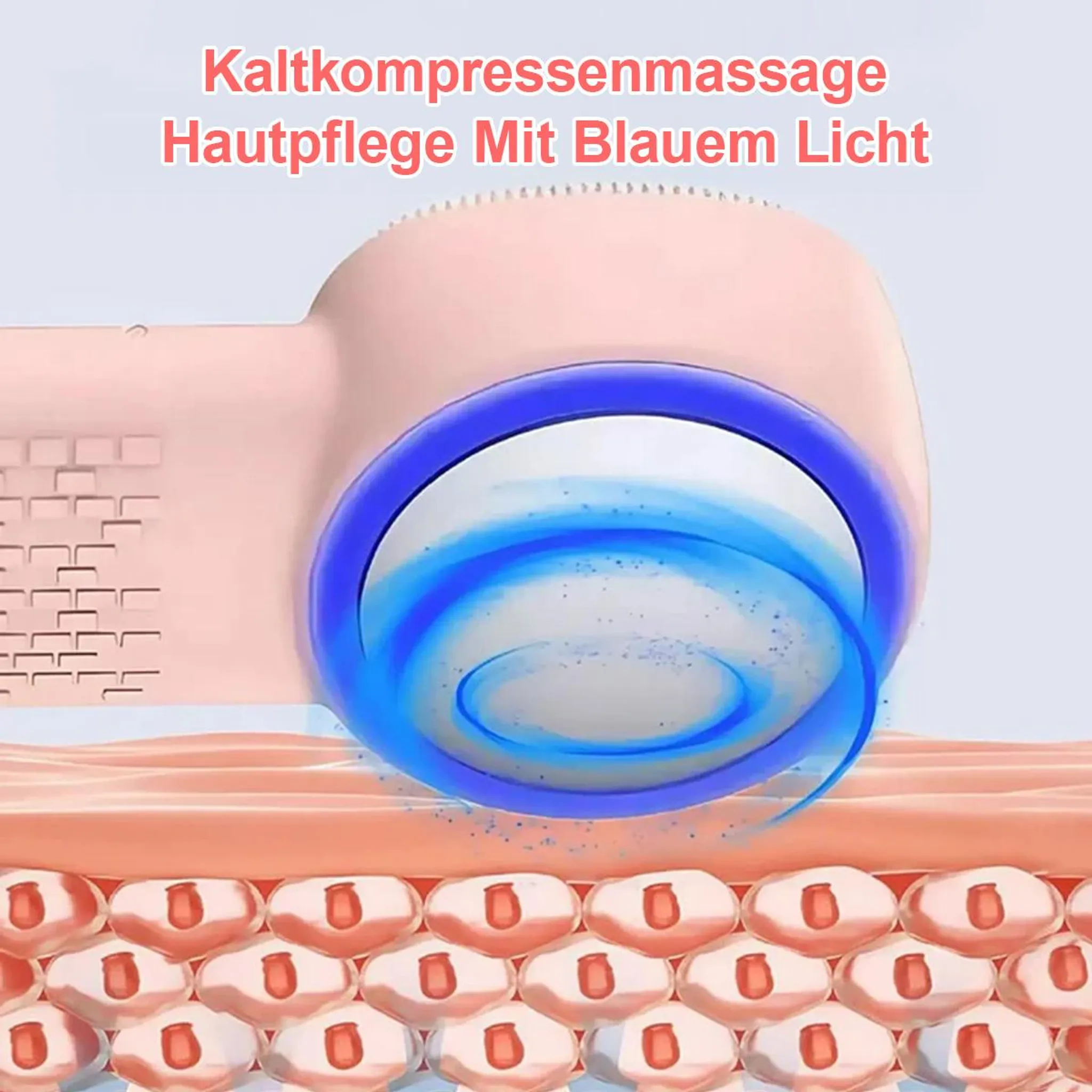 Hautpflegegerät mit blauer Lichttherapie über Hautzellen.