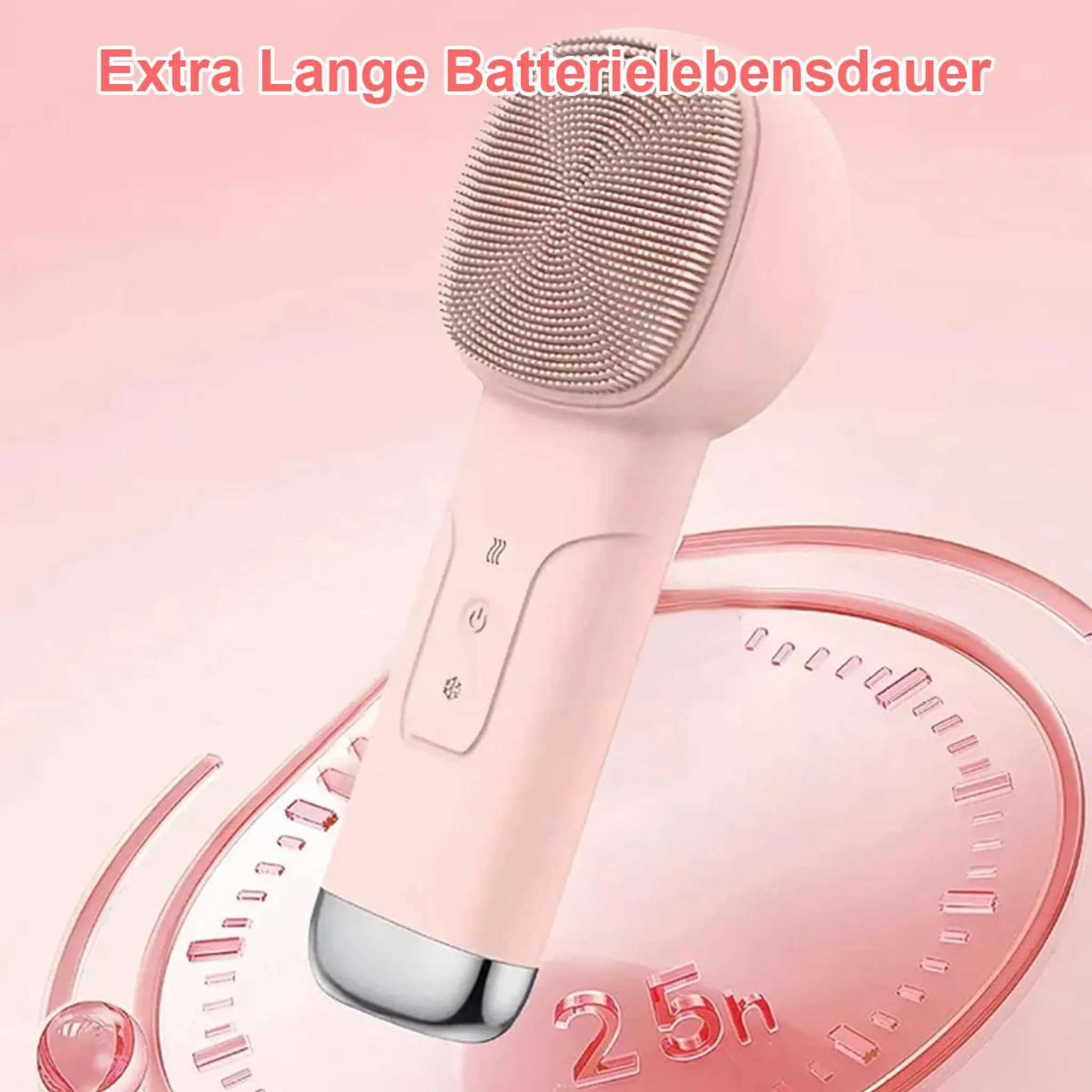 Ein rosafarbener Gesichtsreiniger mit Silikonborsten und silbernem Detail.