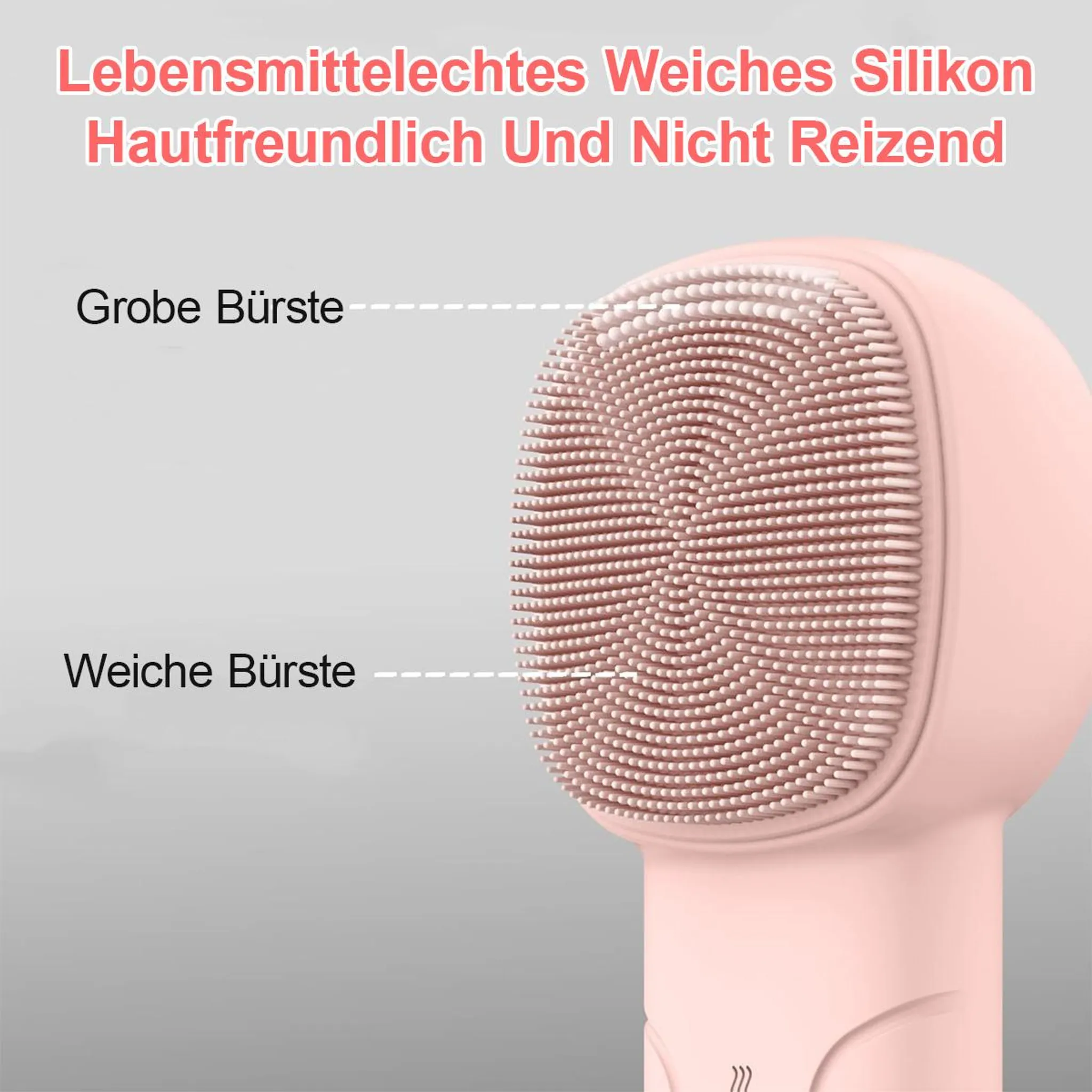 Rosa Silikon-Gesichtsreiniger mit zwei Bürstenarten: grob und weich.