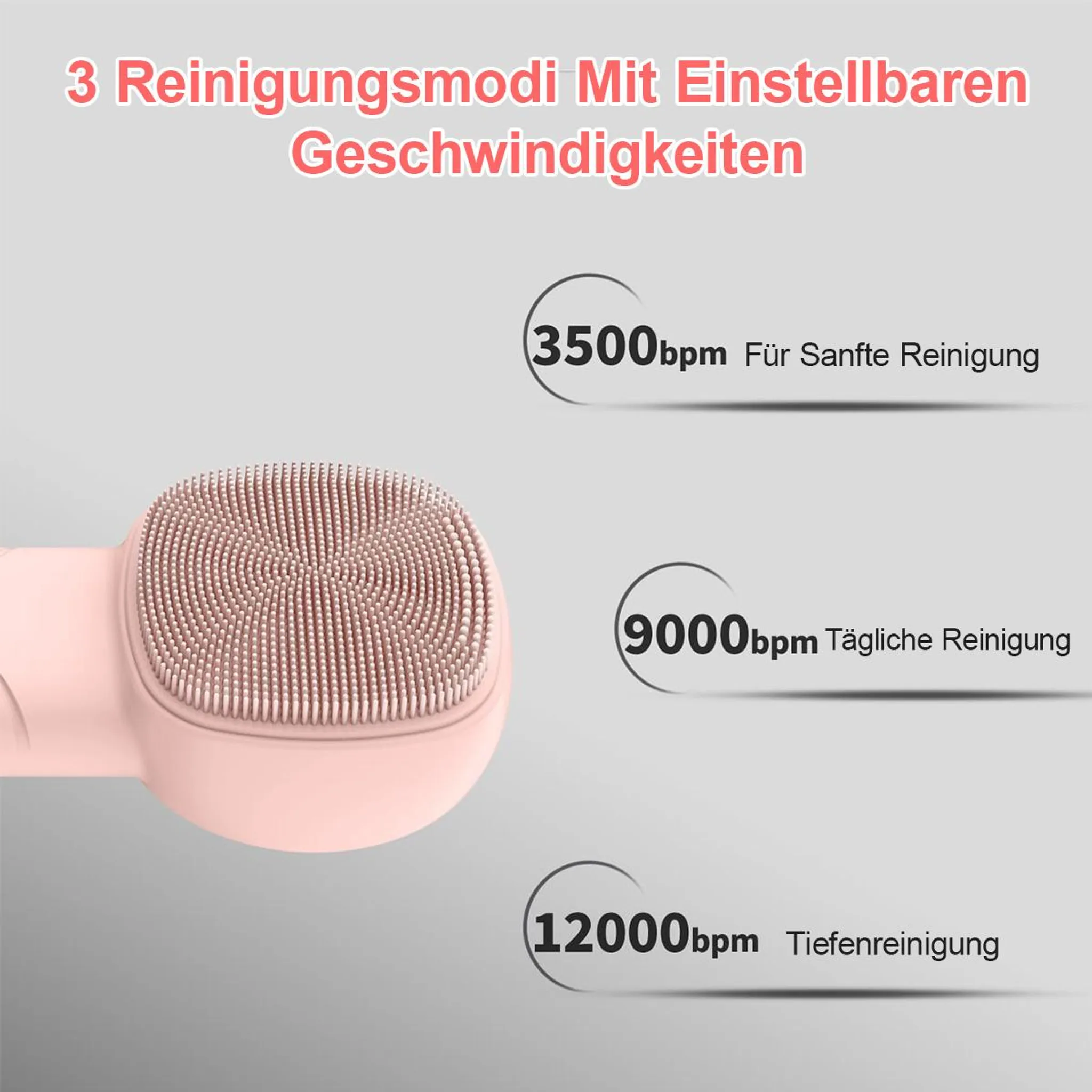 Ein rosafarbener Gesichtsreiniger mit 3 Reinigungsmodi: 3500, 9000, 12000 bpm.